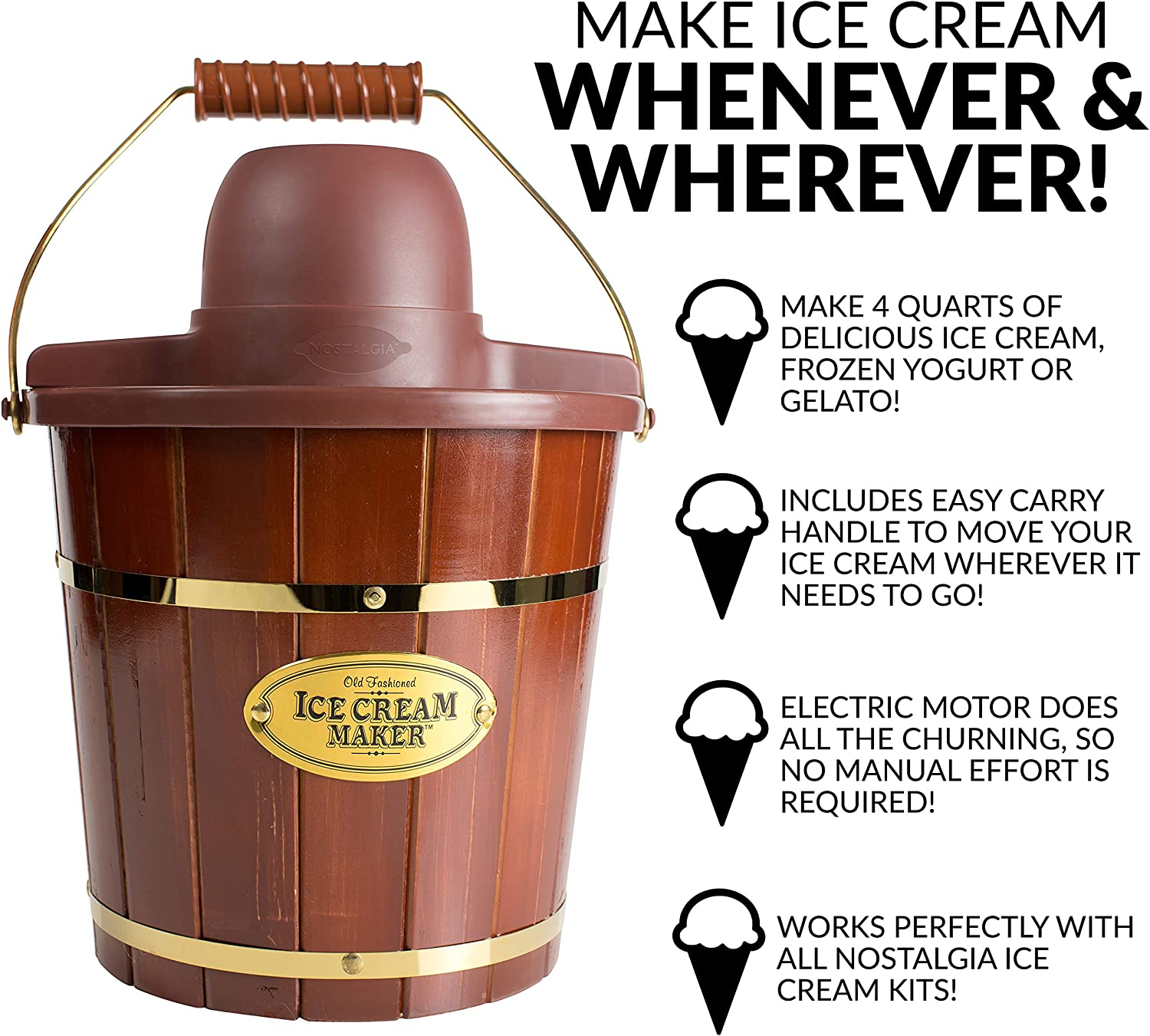 Nostalgia Electric Ice Cream Maker - Old Fashioned Soft Serve Ice Cream Machine Makes Frozen Yogurt or Gelato in Minutes - Fun Kitchen Appliance - Vintage Wooden Style - Dark Wood - 4 Quart
