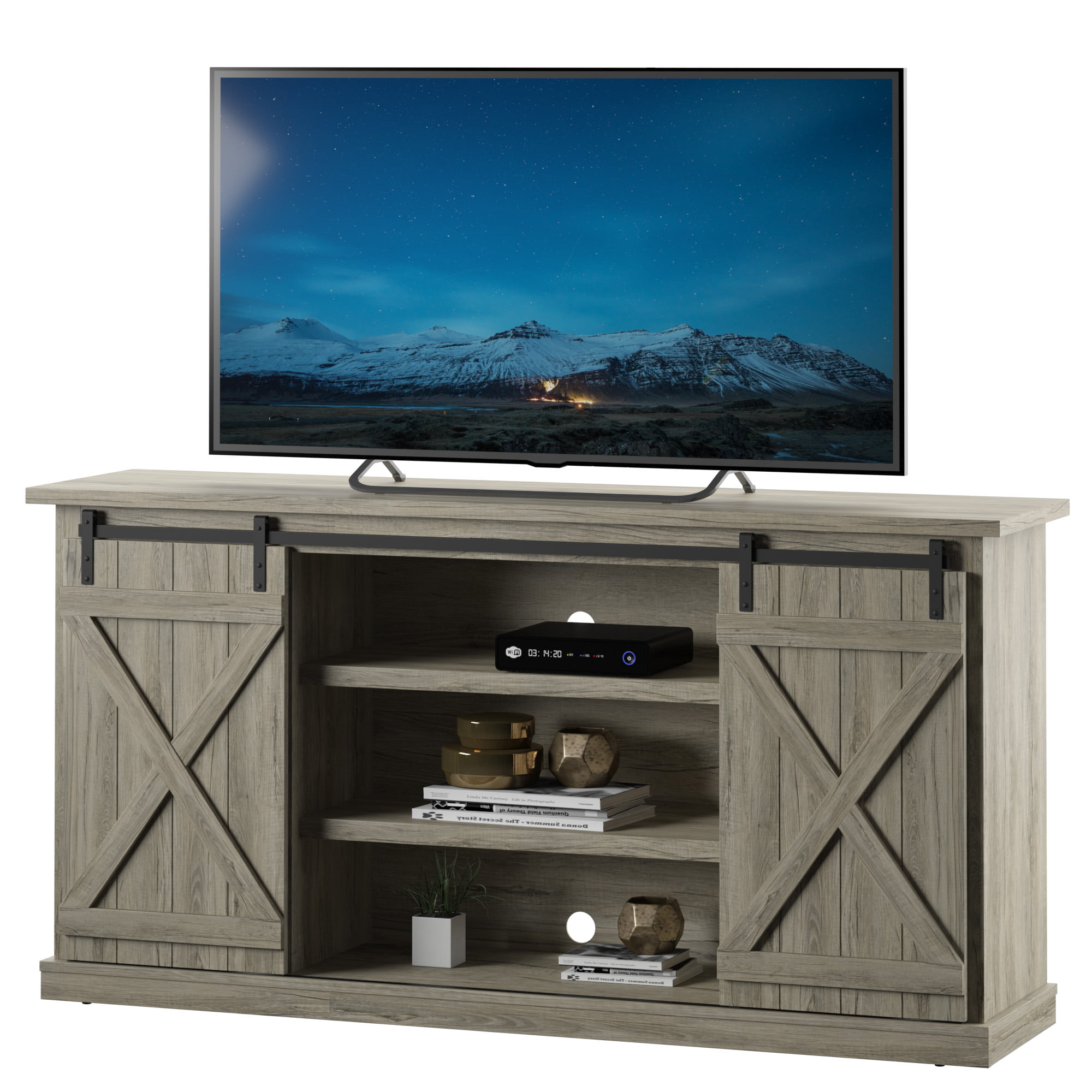 Twin Star Home Modern Farmhouse TV Stand with Sliding Barn Doors  for TVs up to 70″ . Ashland Pine
