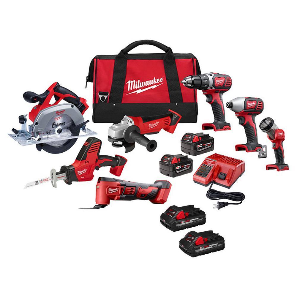 Milwaukee 2695-27S-48-11-1837 M18 18V Lithium-Ion Cordless Combo Tool Kit (7-Tool) with (4) 3.0 Ah Batteries. Charger and Tool Bag