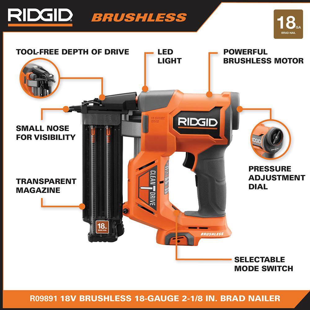 RIDGID R09891K 18V Brushless Cordless 18-Gauge 2-1/8 in. Brad Nailer with CLEAN DRIVE Technology with 2.0 Ah Battery and Charger