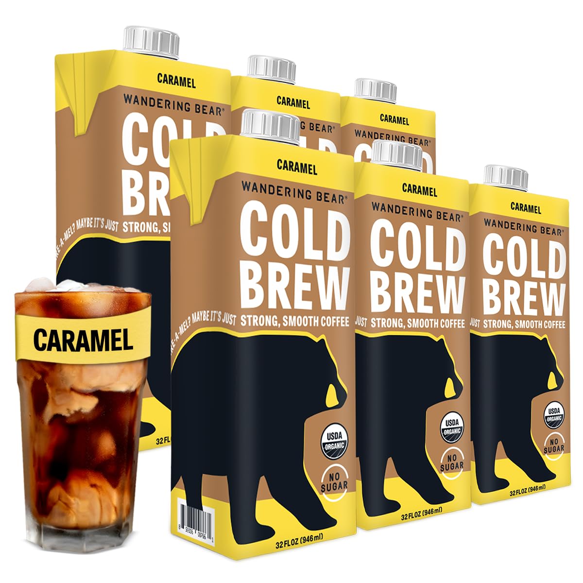 Wandering Bear Organic Caramel Cold Brew Coffee. 32 fl oz. 6 pack - Extra Strong. Smooth. Organic. Unsweetened. Shelf-Stable. and Ready to Drink Iced Coffee. Cold Brewed Coffee. Cold Coffee