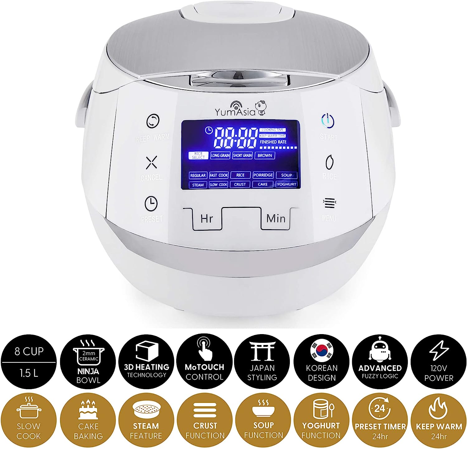 Yum Asia Sakura Rice Cooker with Ceramic Bowl and Advanced Fuzzy Logic (8 Cup. 1.5 Litre) 6 Rice Cook Functions. 6 Multicook Functions. Motouch LED Display. 120V Power (White and Siver)