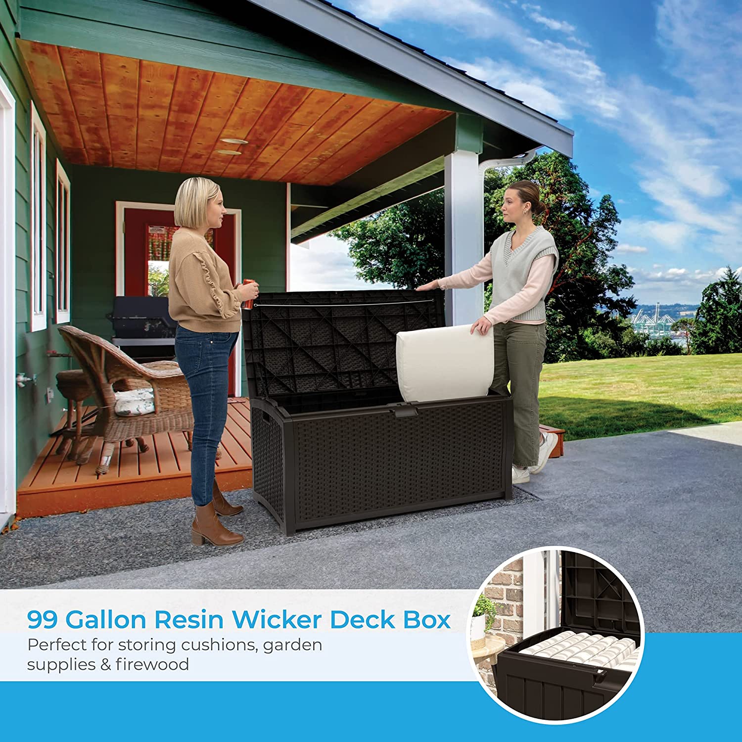 Suncast 99 Gallon Resin Wicker Patio Outdoor Storage Container for Toys. Furniture Deck box. Mocha