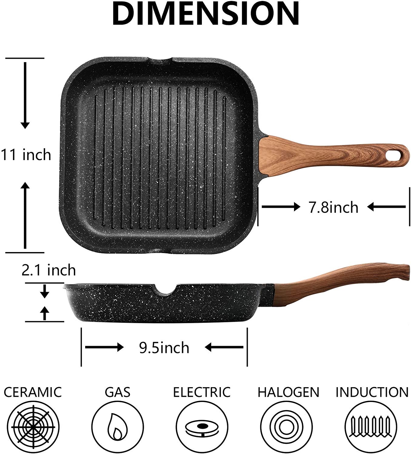 ESLITE LIFE 11 Inch Nonstick Grill Pan for Stove Tops Induction Compatible. PFOA & PTFEs Free