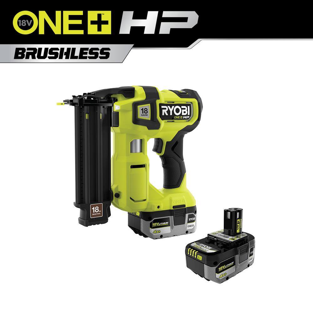 RYOBI P322-PBP2004 ONE+ HP 18V 18-Gauge Brushless Cordless AirStrike Brad Nailer and ONE+ 18V HIGH PERFORMANCE Battery (2-Pack)