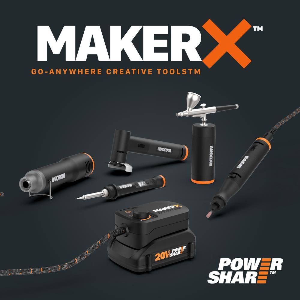 Worx WX996L MakerX 20-Volt Cordless Rotary Tool Kit w/Wood & Metal Crafter. Air Brush. Heat Gun. Grinder. LED Light & 61 Accessories