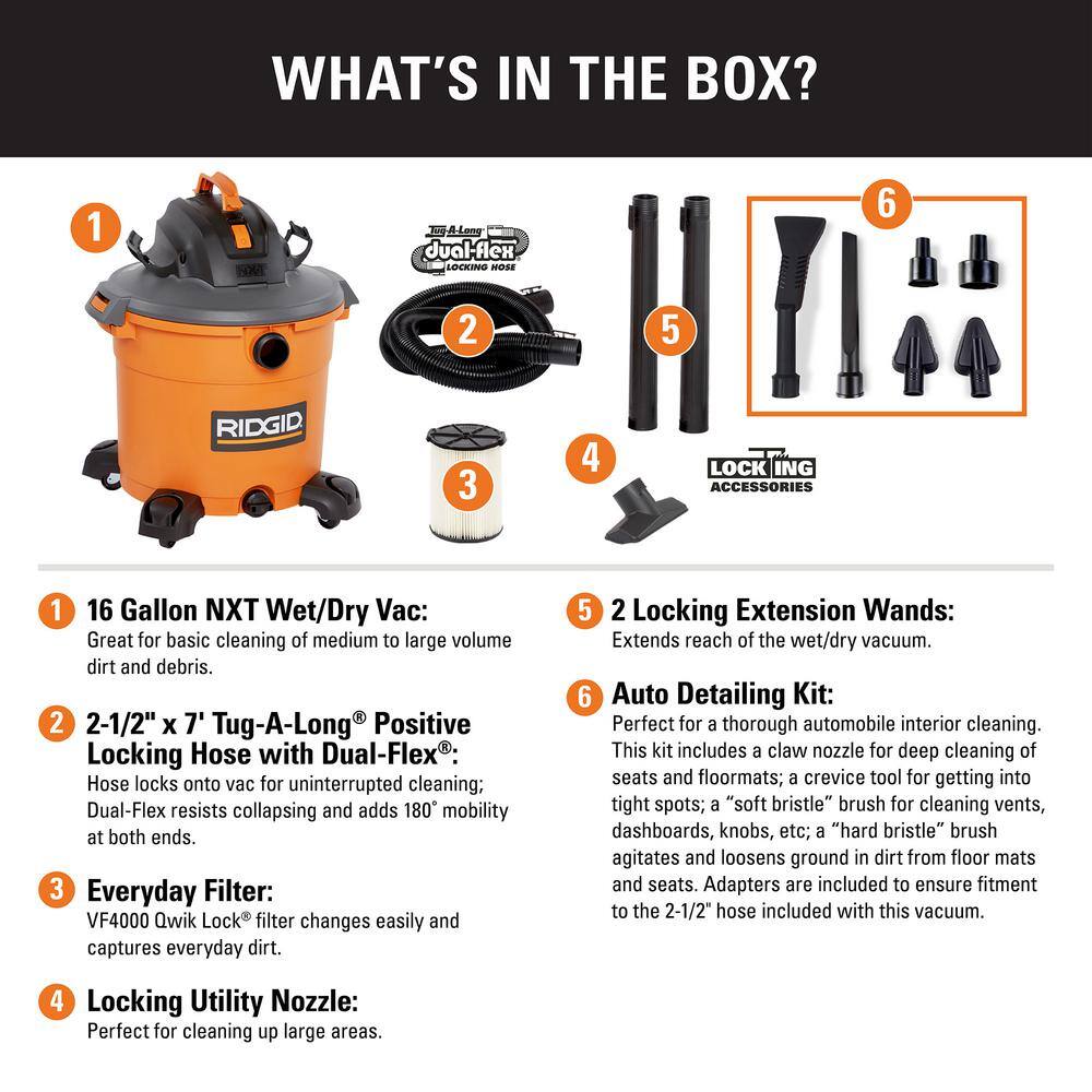 RIDGID HD1640C 16 Gal. 5.0 Peak HP Nxt Wet/Dry Shop Vacuum with Filter. Locking Hose. Accessories and Car Cleaning Kit