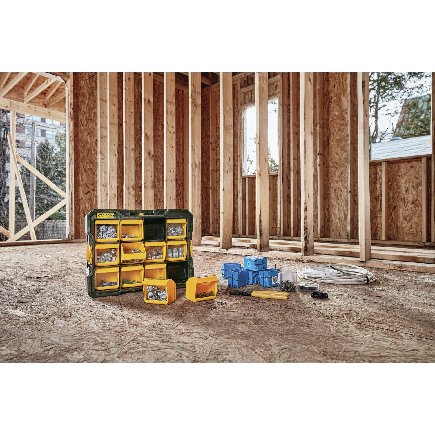 DeWalt 4.2 in. W X 13.5 in. H Flip Bin Storage Organizer Plastic 12 compartments Yellow