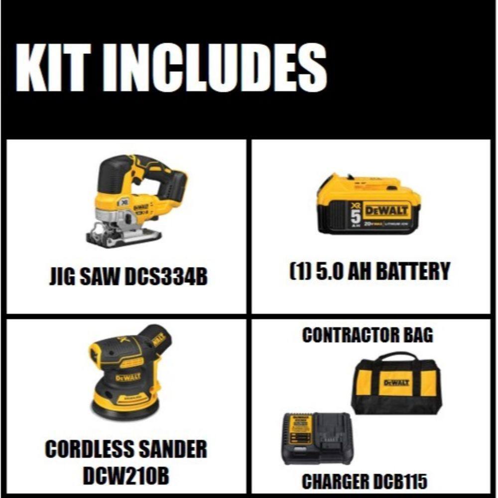DEWALT DCS334BW210205C 20V MAX XR Cordless Brushless Jigsaw. 5 in. Random Orbital Sander. and (1) 20V 5.0Ah Battery and Charger