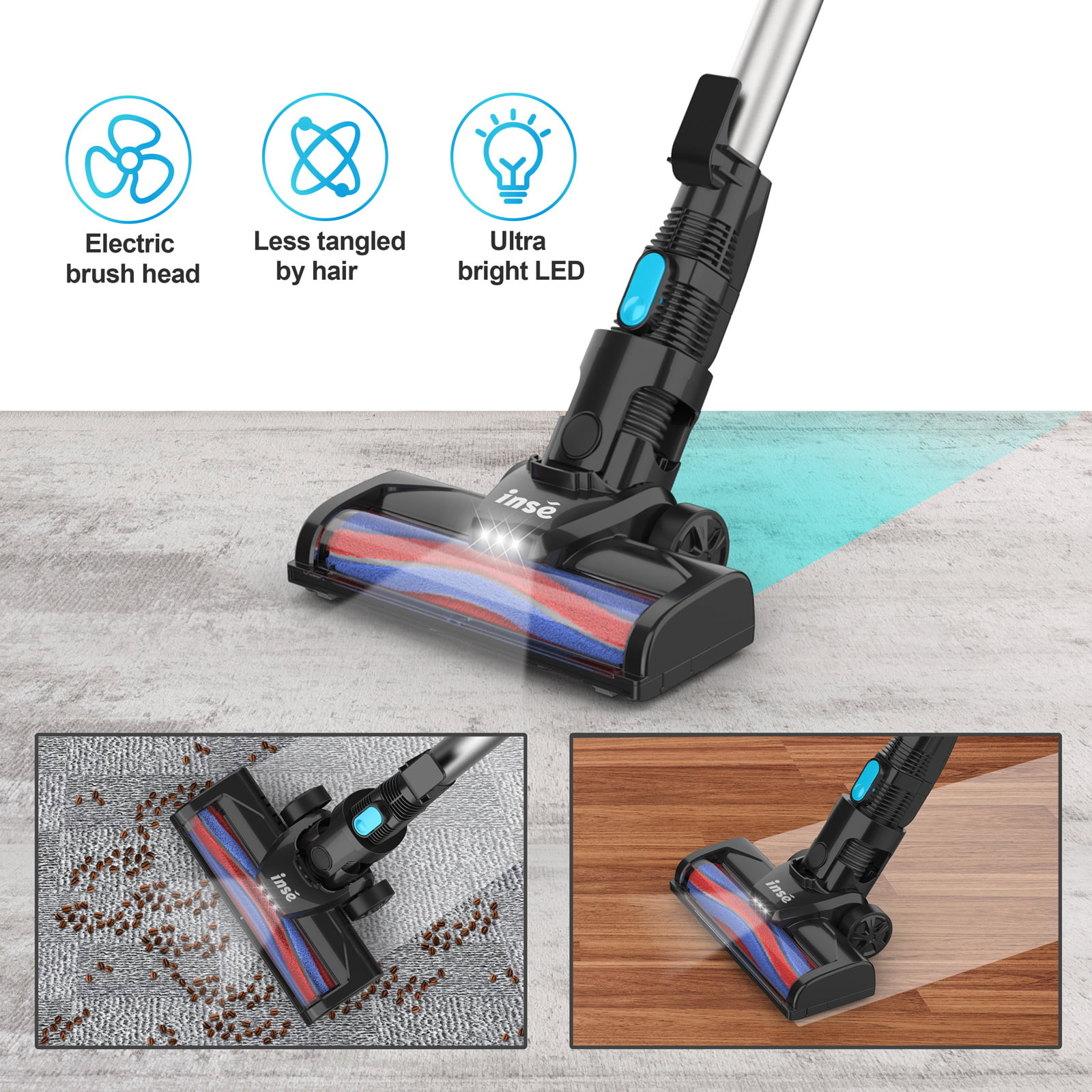 INSE Cordless Vacuum Cleaner. 6 in 1 Powerful Suction Lightweight Stick Vacuum with 2200mAh Rechargeable Battery. up to 45min Runtime. for Home Furniture Hard Floor Carpet Car Hair