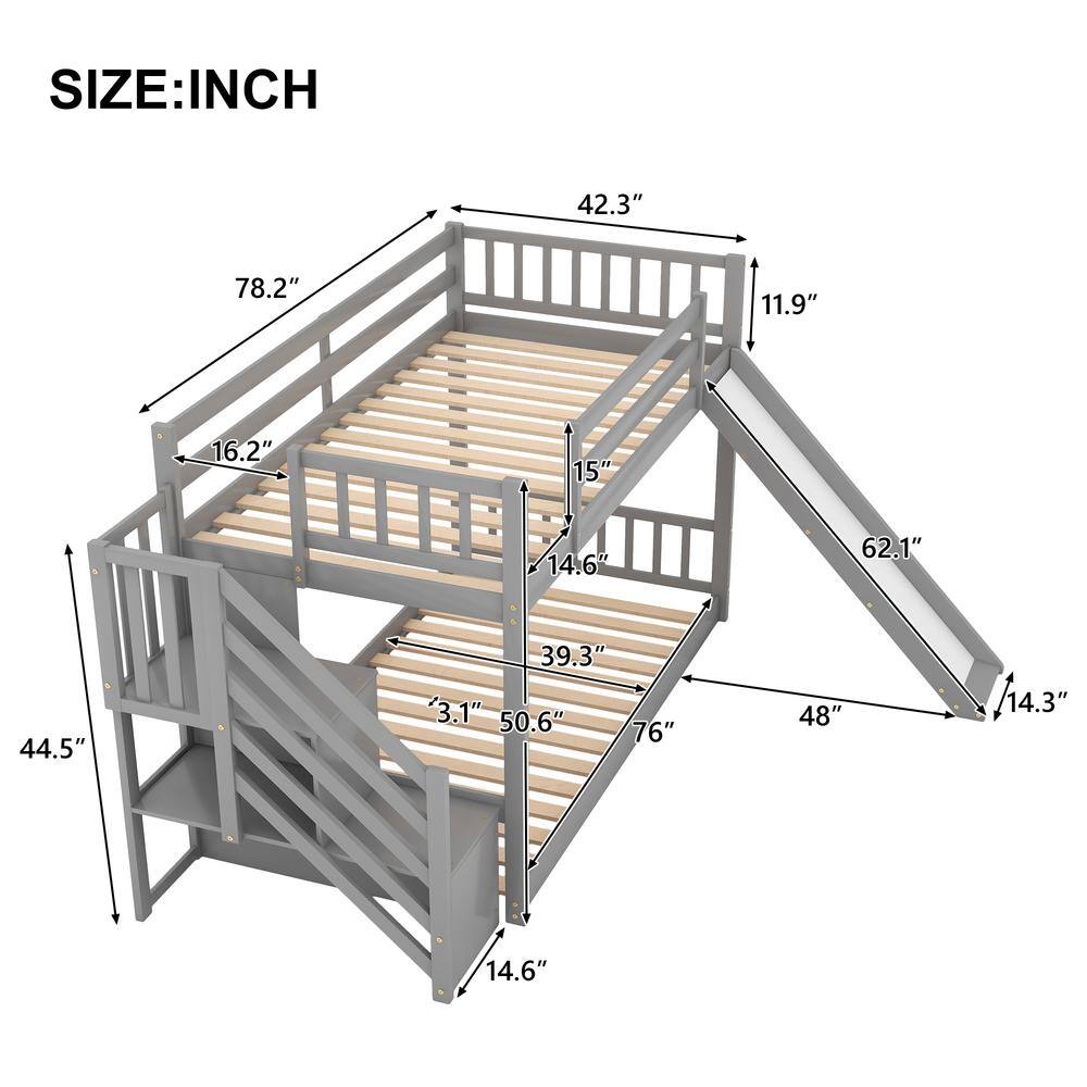 Harper & Bright Designs  Gray Twin Over Twin Bunk Bed Daybed with Slide and Stairway