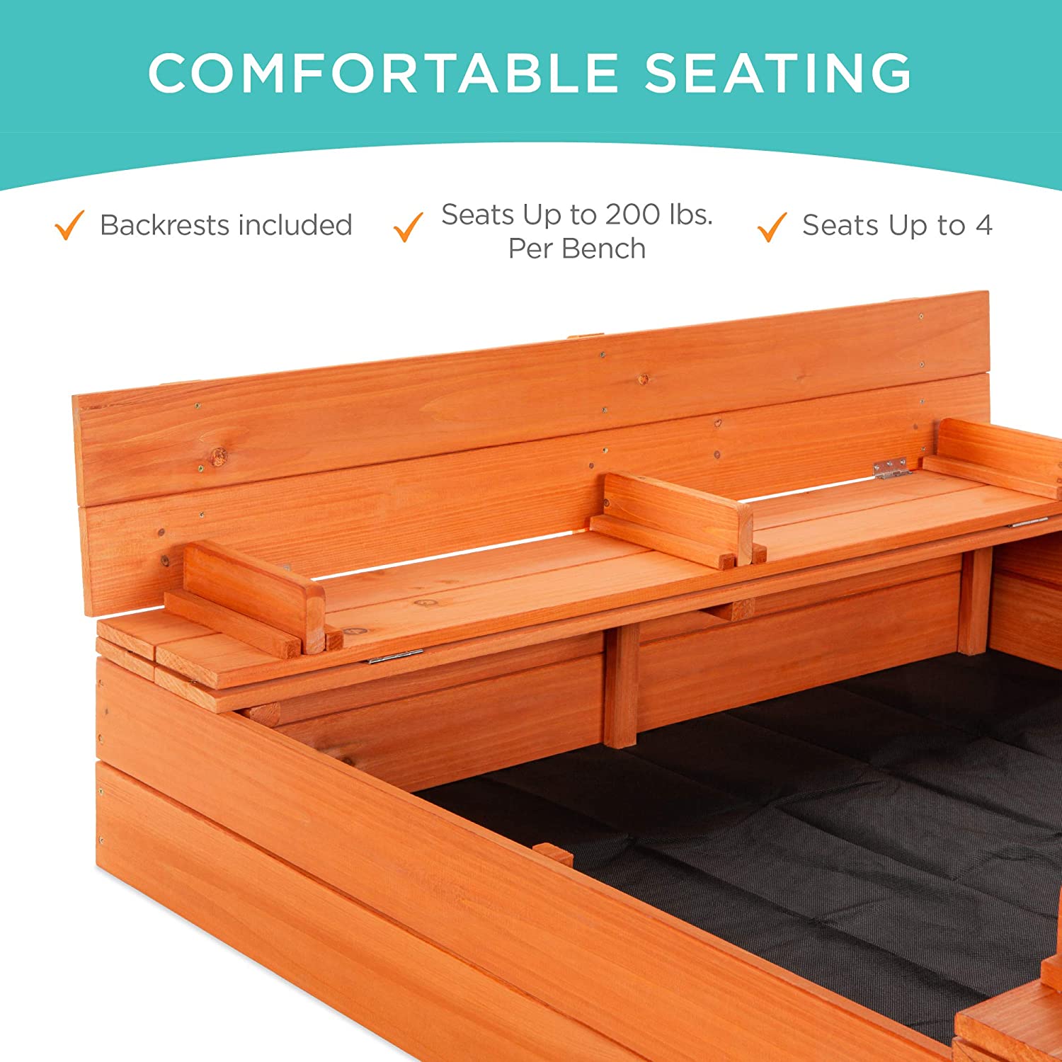 Best Choice Products 47x47in Kids Large Wooden Sandbox for Backyard. Outdoor Play w/Cedar Wood. 2 Foldable Bench Seats. Sand Protection. Bottom Liner - Brown