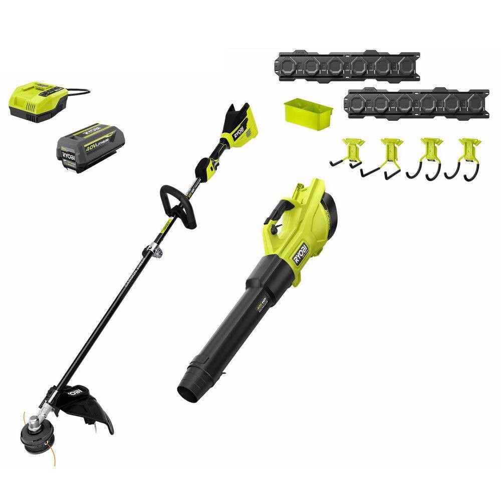 RYOBI RY40960-ST 40V HP Brushless 600 CFM 155 MPH Blower & Carbon Fiber String Trimmer w/LINK Wall Storage Kit- 4.0 Ah Battery & Charger
