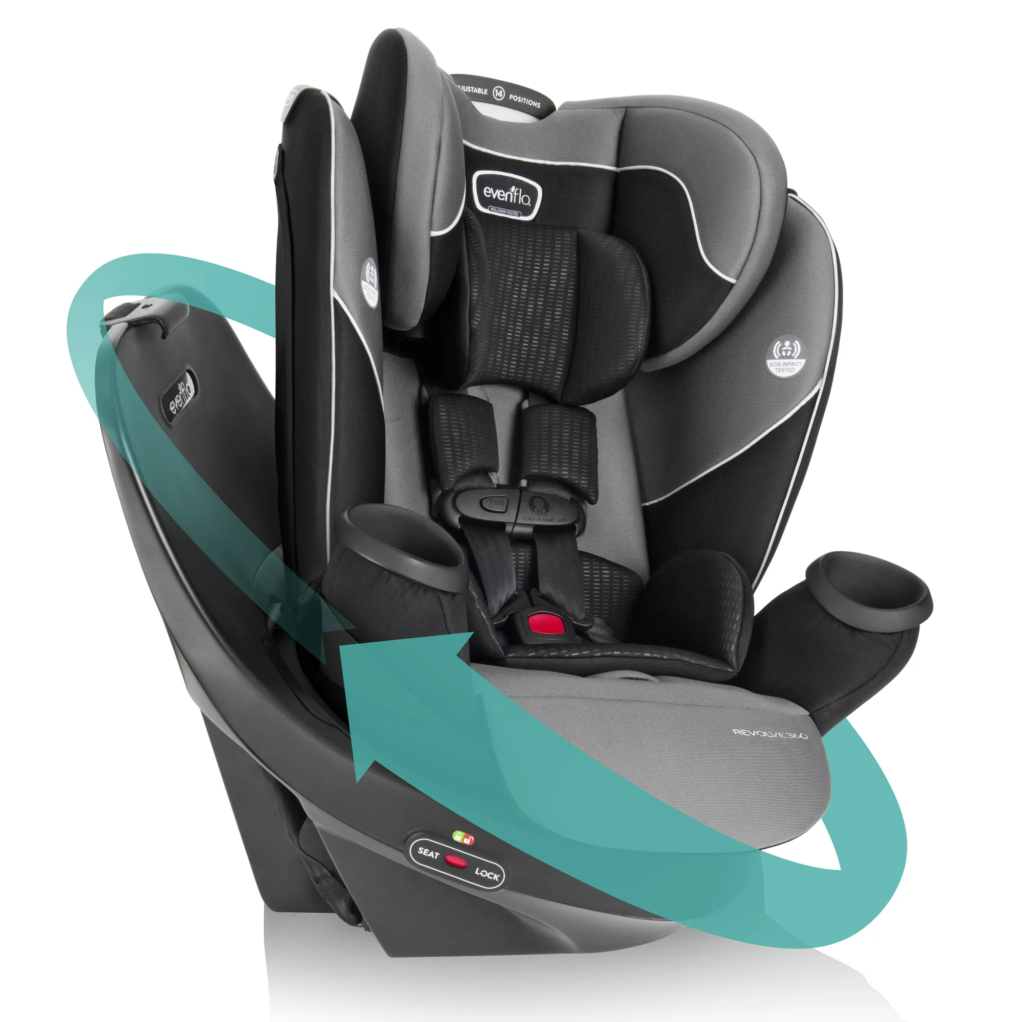 Evenflo Revolve360 Rotational All-In-One. One-Time Install. 360-Degree Rotating Infant. Forward-Facing. Booster Modes 10-Year Convertible Car Seat. Amherst Gray