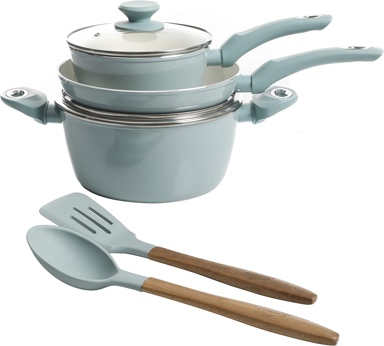 Gibson Home Plaza Café Forged Aluminum Healthy Ceramic Cookware. 7-Piece Set. Sky Blue