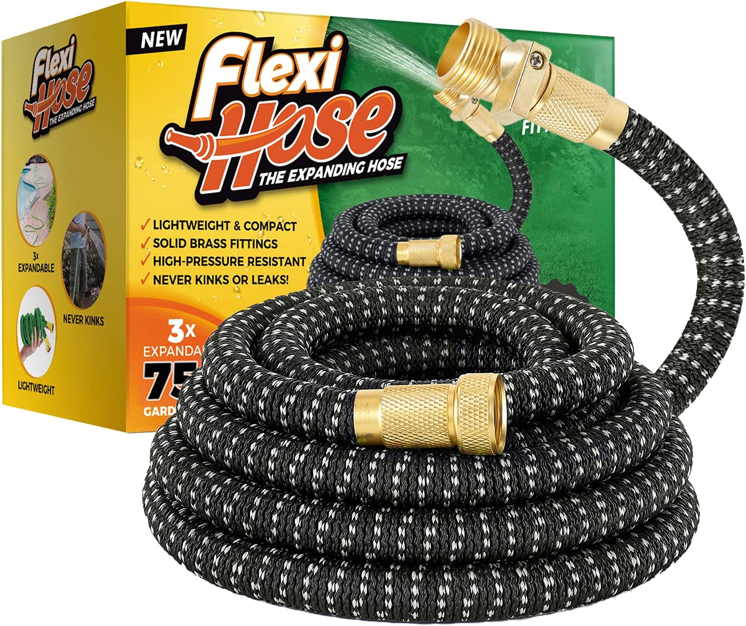 MULTIPLE COLORS - Flexi Hose Lightweight Expandable Garden Hose. No-Kink Flexibility. 3/4 Inch Solid Brass Fittings and Double Latex Core (75ft. Gray & Black)