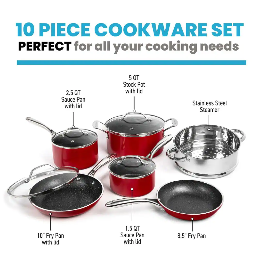 GRANITESTONE 7208 10-Piece Aluminum Red Ultra-Durable Non-Stick Diamond Infused Cookware Set with Glass Lids