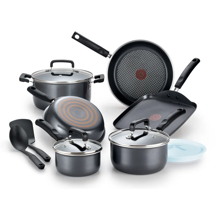 T-Fal Signature 12 Piece Aluminum Non Stick Cookware Set. Gray