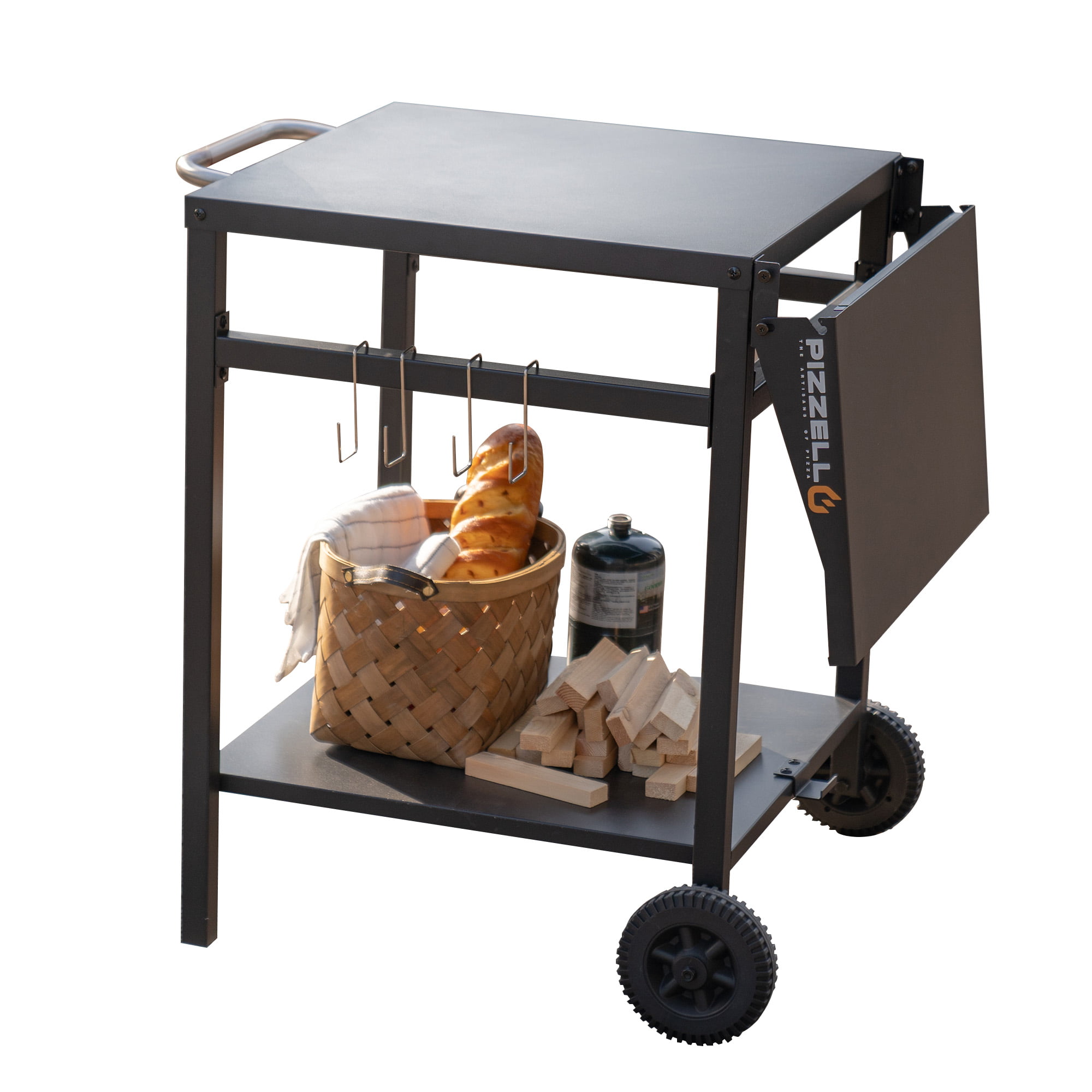 Pizzello Outdoor Grill Pizza Oven Food Prep Bbq Cart Stand Table with Storage Wheels Expandable Countertop. Black