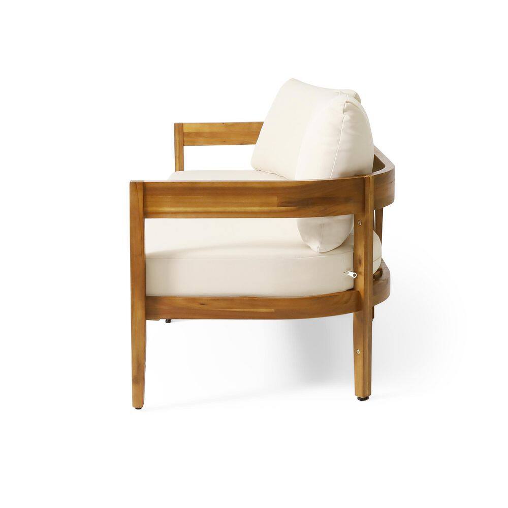 Noble House  Burrough Teak Wood Outdoor Couch with Beige Cushions