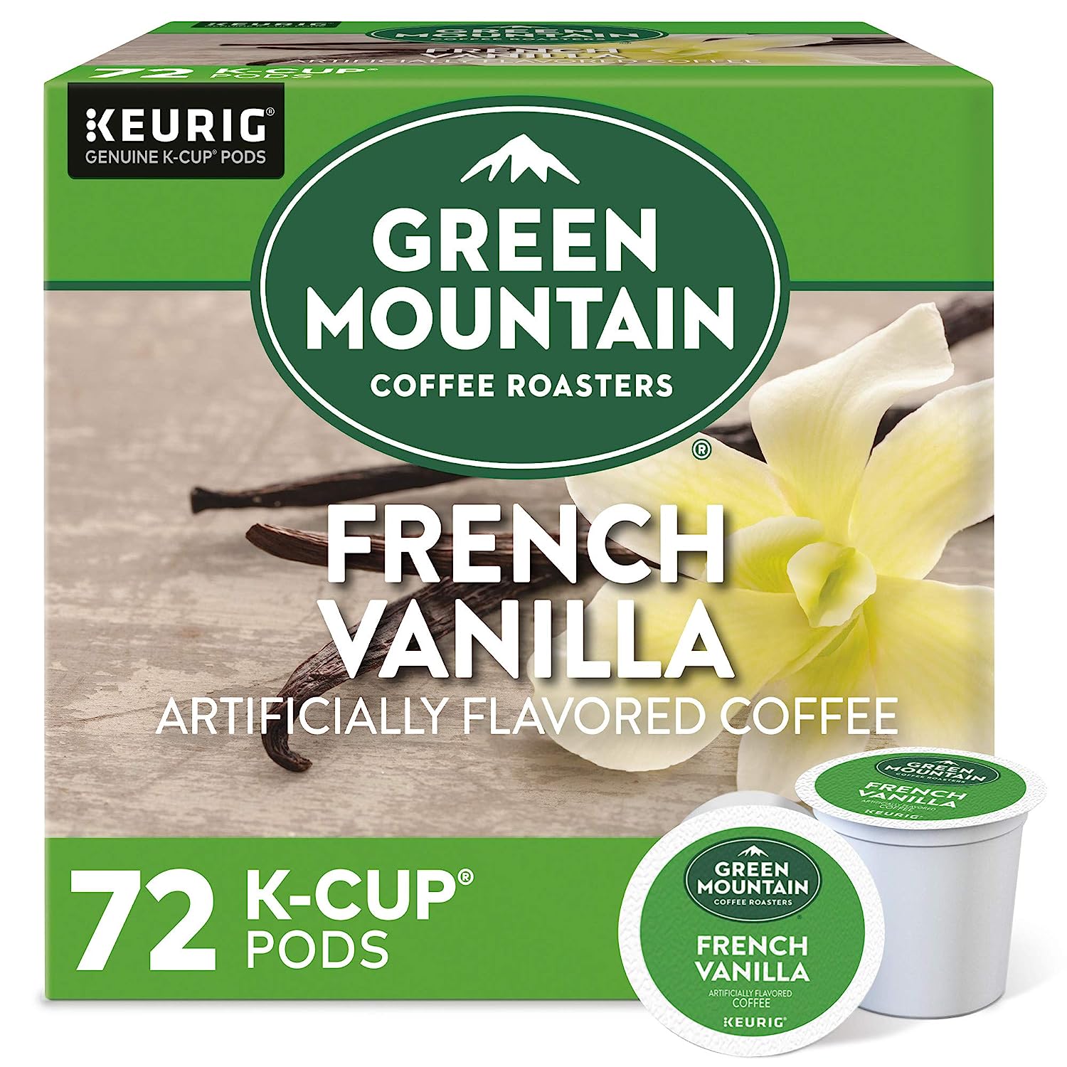 Green Mountain Coffee Roasters French Vanilla. Single-Serve Keurig K-Cup Pods. Flavored Light Roast Coffee. 72 Count