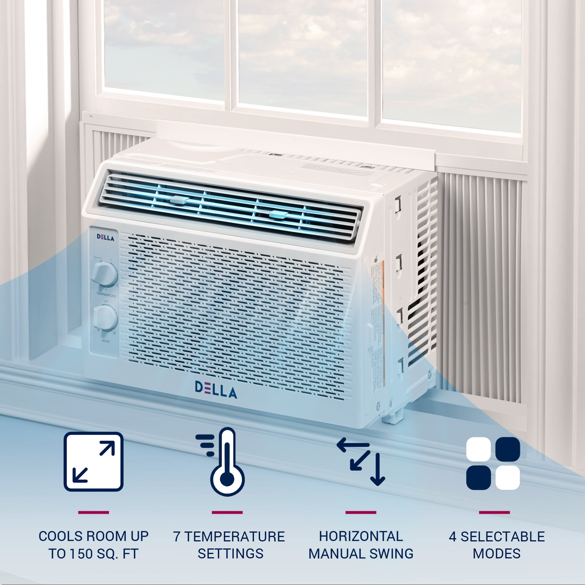 DELLA 5000 BTU 115V/60Hz Energy Saving Window Air Conditioner. Whisper Quiet AC Unit with Easy to Use Mechanical Control and Reusable Filter. Cools Up to 150 Square Feet