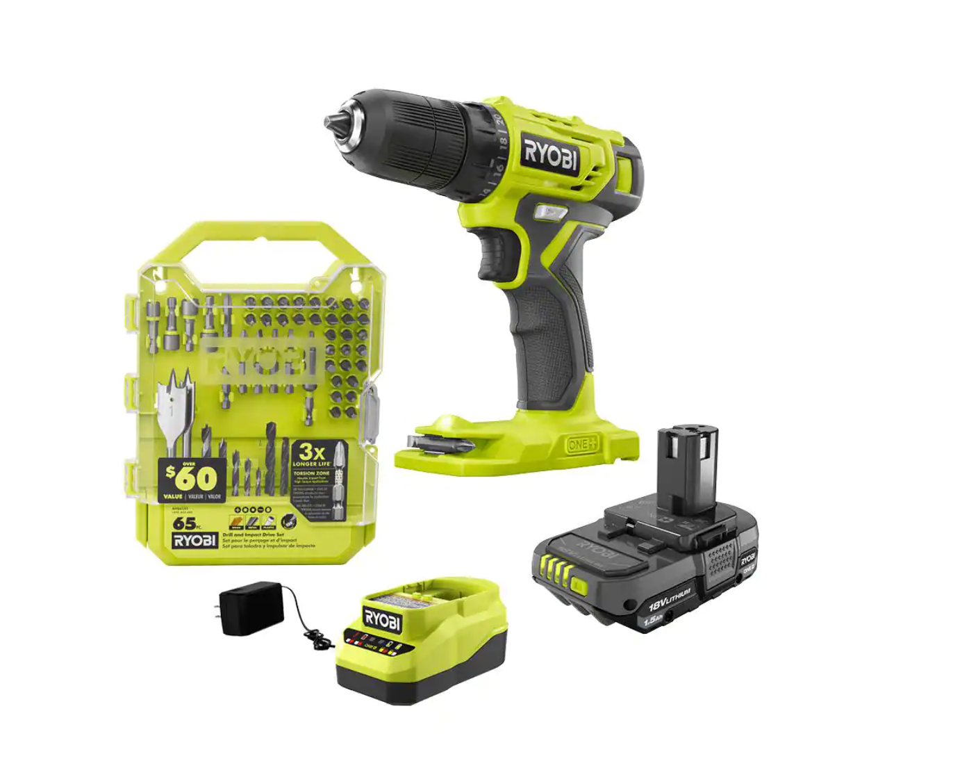 RYOBI PDD209K-A986501 ONE+ 18V Cordless 3/8 in. Drill/Driver Kit with 1.5 Ah Battery. Charger. and Drill and Drive Kit (65-Piece)