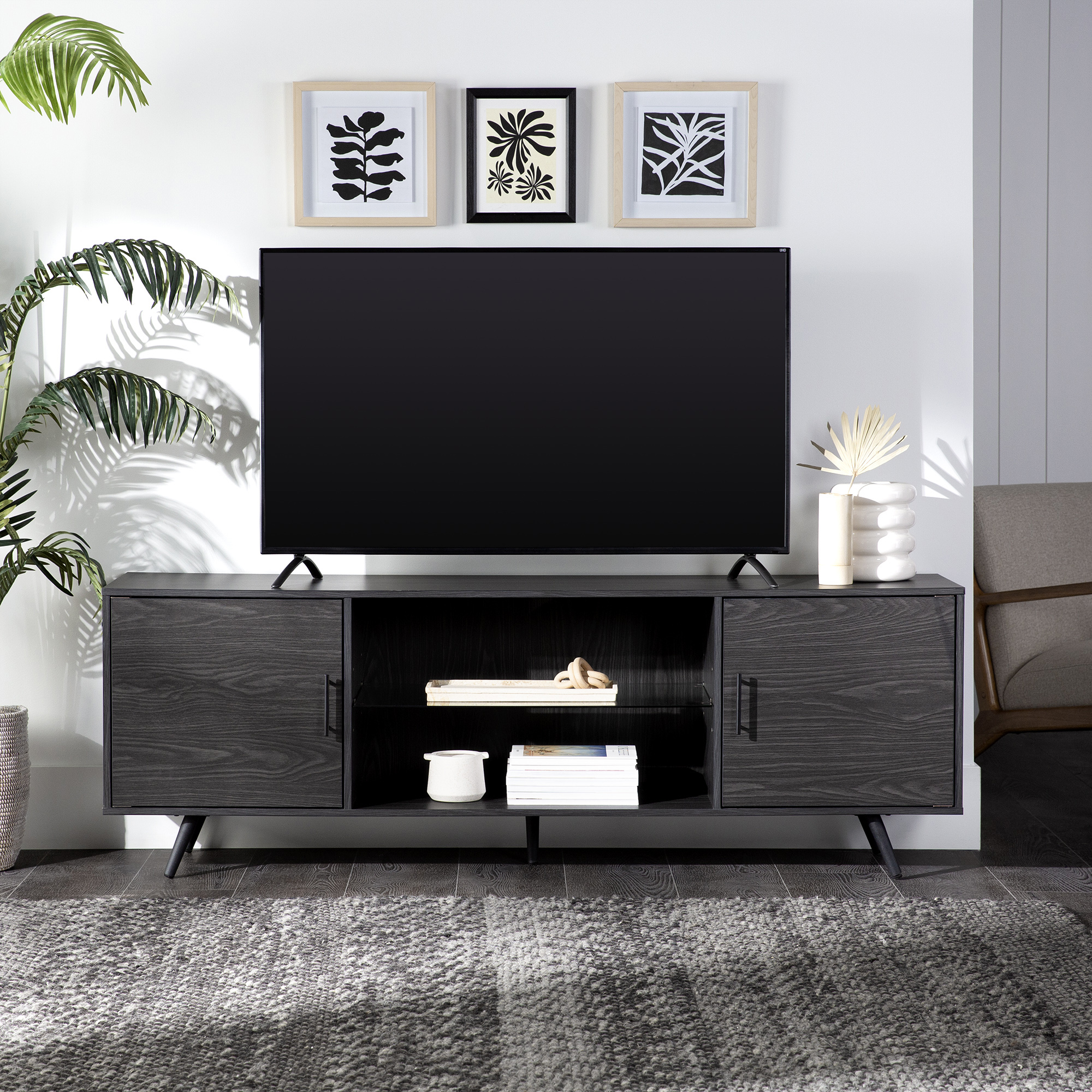 Desert Fields Thea Mid Century Two-Door TV Stand for TVs up to 80″. Graphite