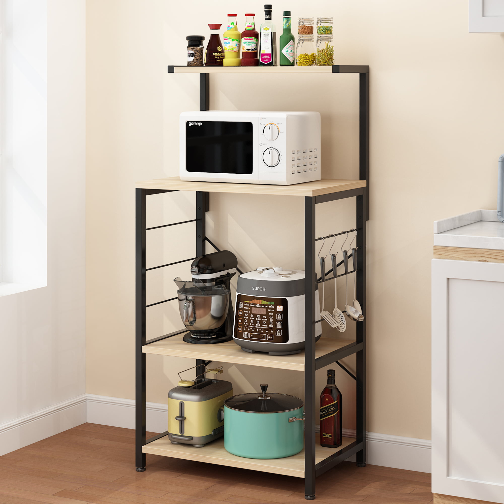 Ktaxon Kitchen Baker-s Rack Storage Shelf Microwave Stand Workstation with Side Hooks & 4-Tier Wood Shelves
