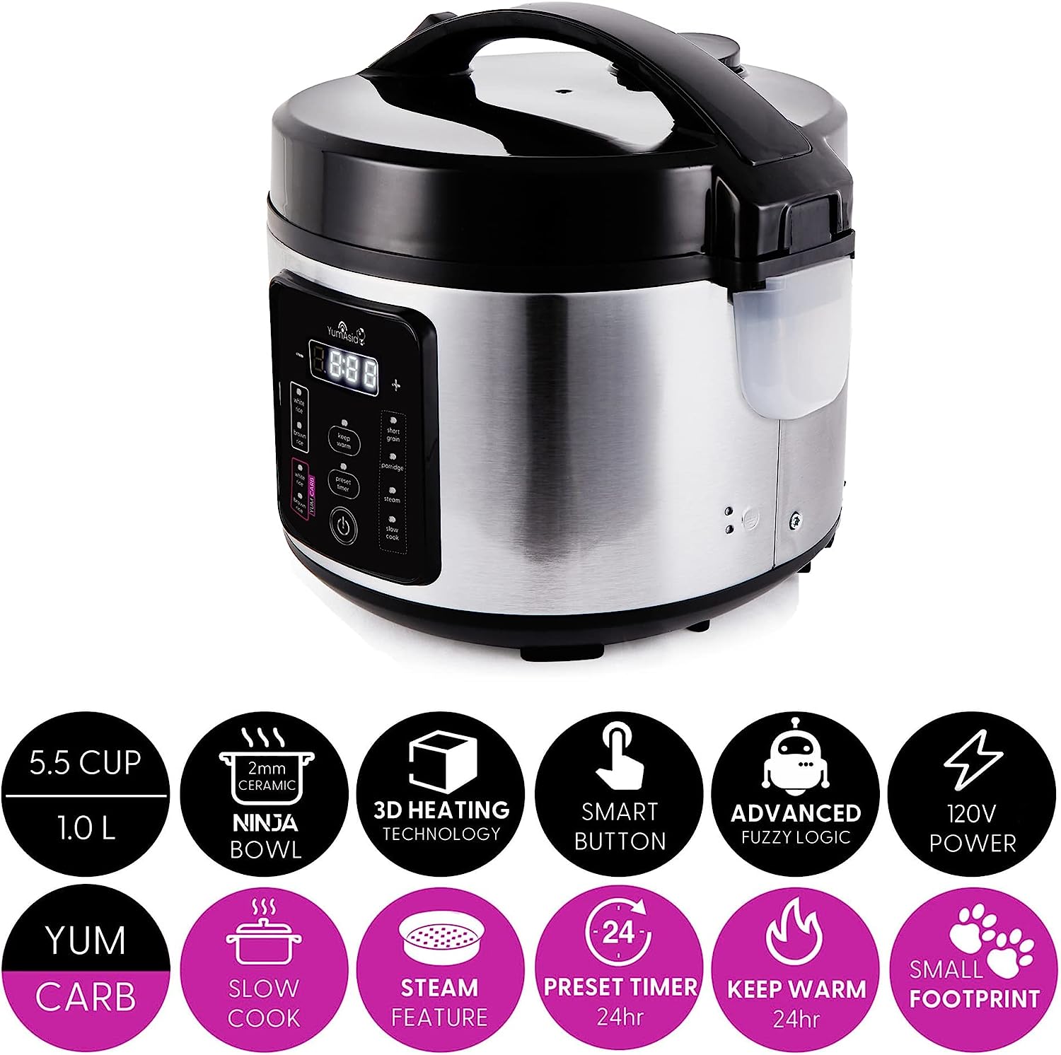 Yum Asia Kumo YumCarb Rice Cooker with Ceramic Bowl and Advanced Fuzzy Logic. (5.5 Cups. 1 Litre). 5 Rice Cooking Functions. 3 Multicooker Functions. 110V US Power (Light Stainless Steel)