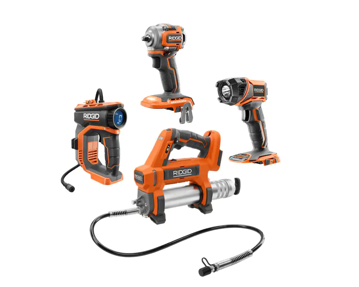 RIDGID R92162SBN-R860445B 18V Cordless 3-Tool Combo Kit w/ SubCompact Brushless Impact Wrench. Inflator. & Torch Light (Tools Only) w/ Grease Gun