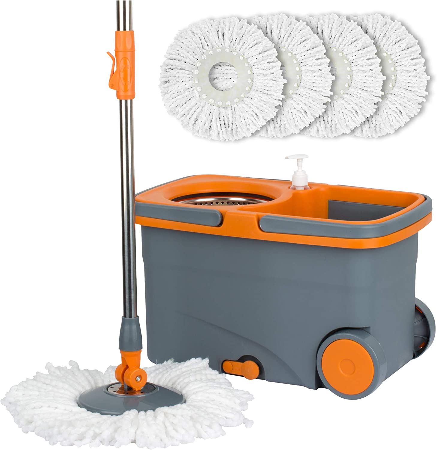 Casabella Microfiber Spin Mop and Bucket Floor Cleaning System Set with 4 Head Refills