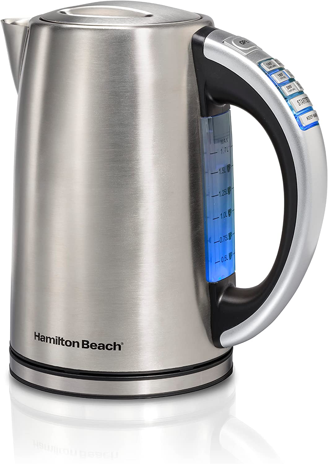 Hamilton Beach 41020C Temperature Control Electric Tea Kettle. Water Boiler & Heater. 1.7 Liter. Fast 1500 Watts. BPA Free. Cordless. Auto-Shutoff and Boil-Dry Protection. Stainless Steel