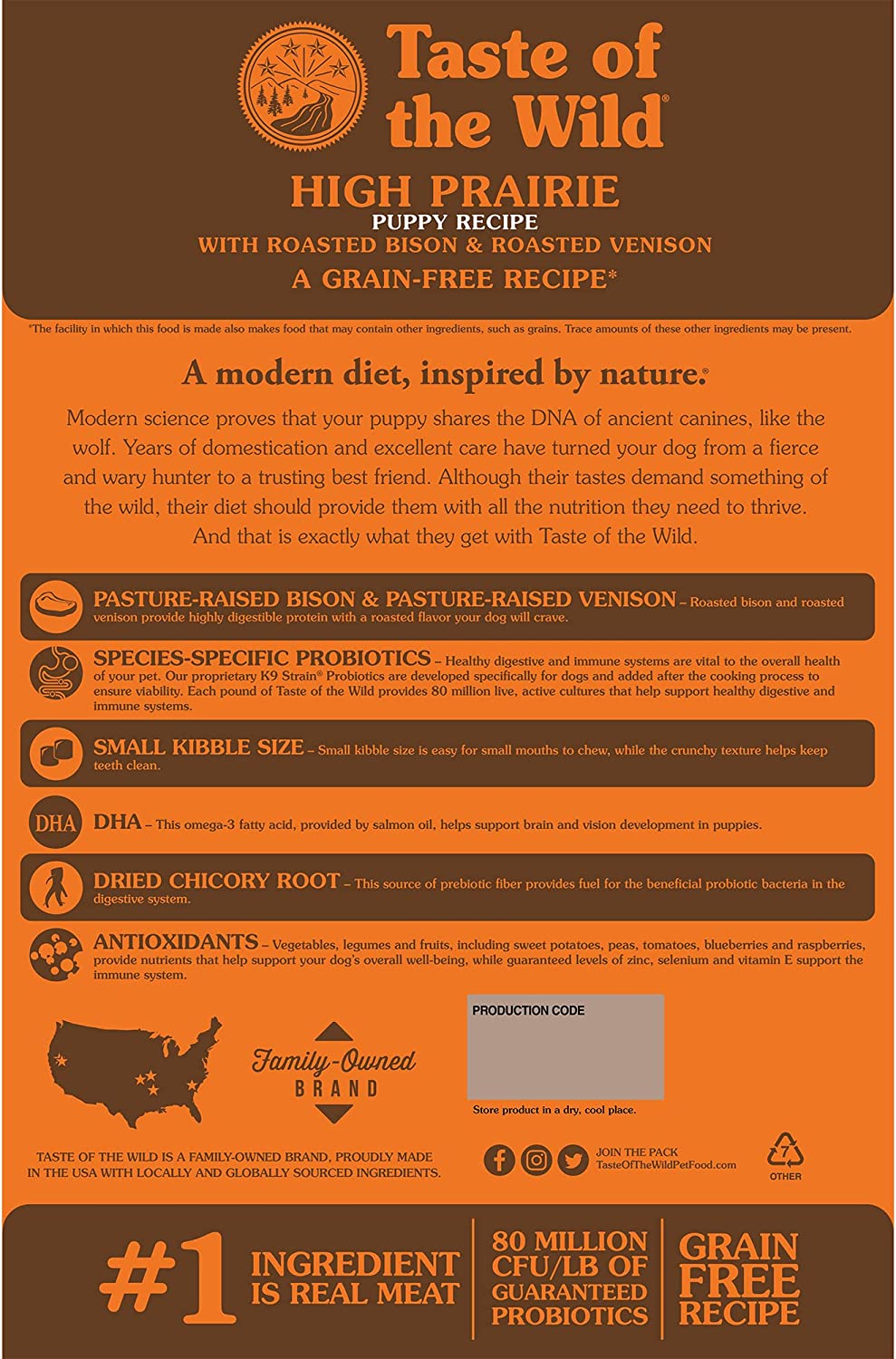 Taste of the Wild High Prairie Grain-Free Roasted Bison & Venison Dry Puppy Food. 5 lbs.