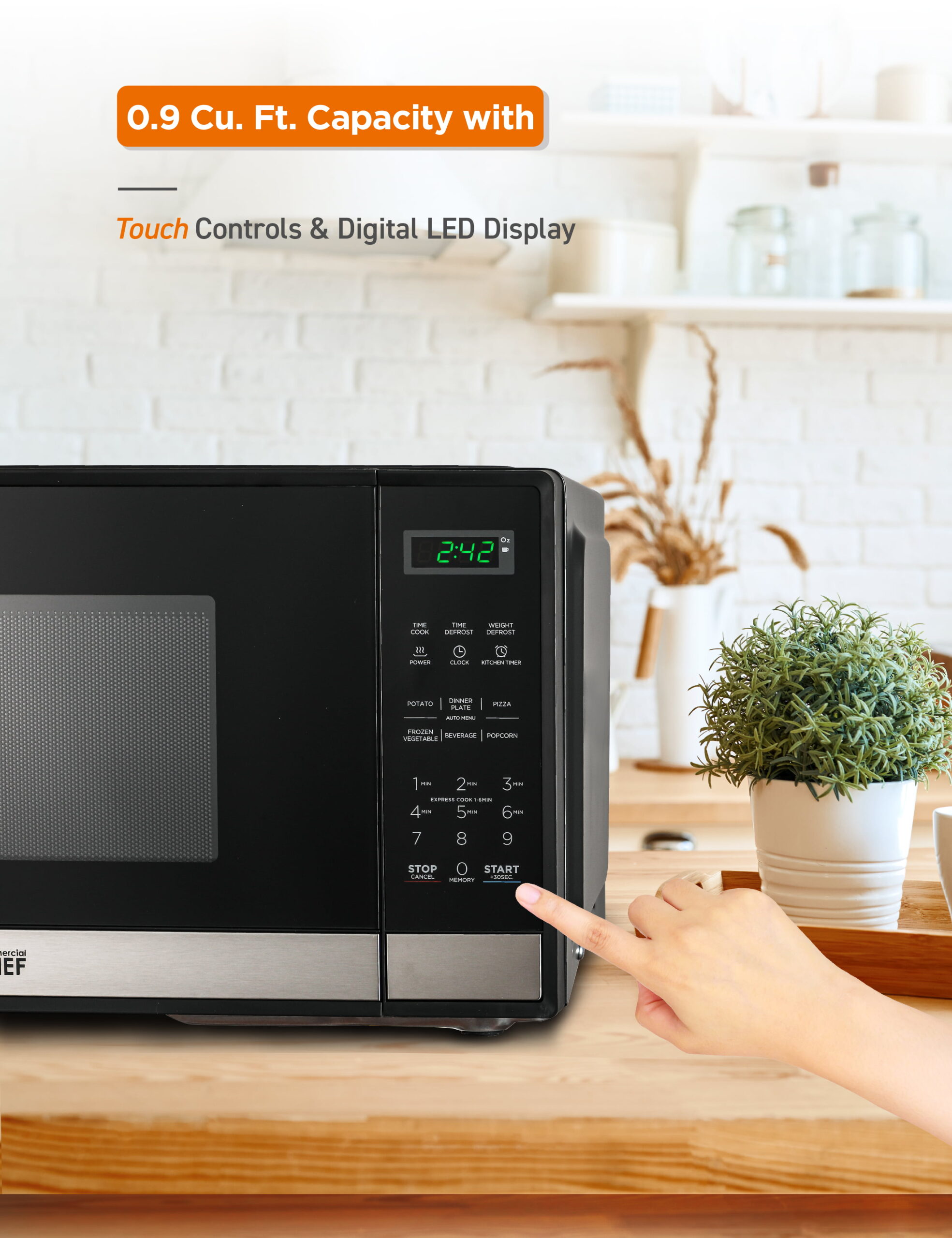 COMMERCIAL CHEF Small Microwave 0.9 Cu. Ft. Countertop Microwave with Touch Controls & Digital Display. Stainless Steel Microwave & 10 Power Levels. Outstanding Portable Microwave with Convenient Push