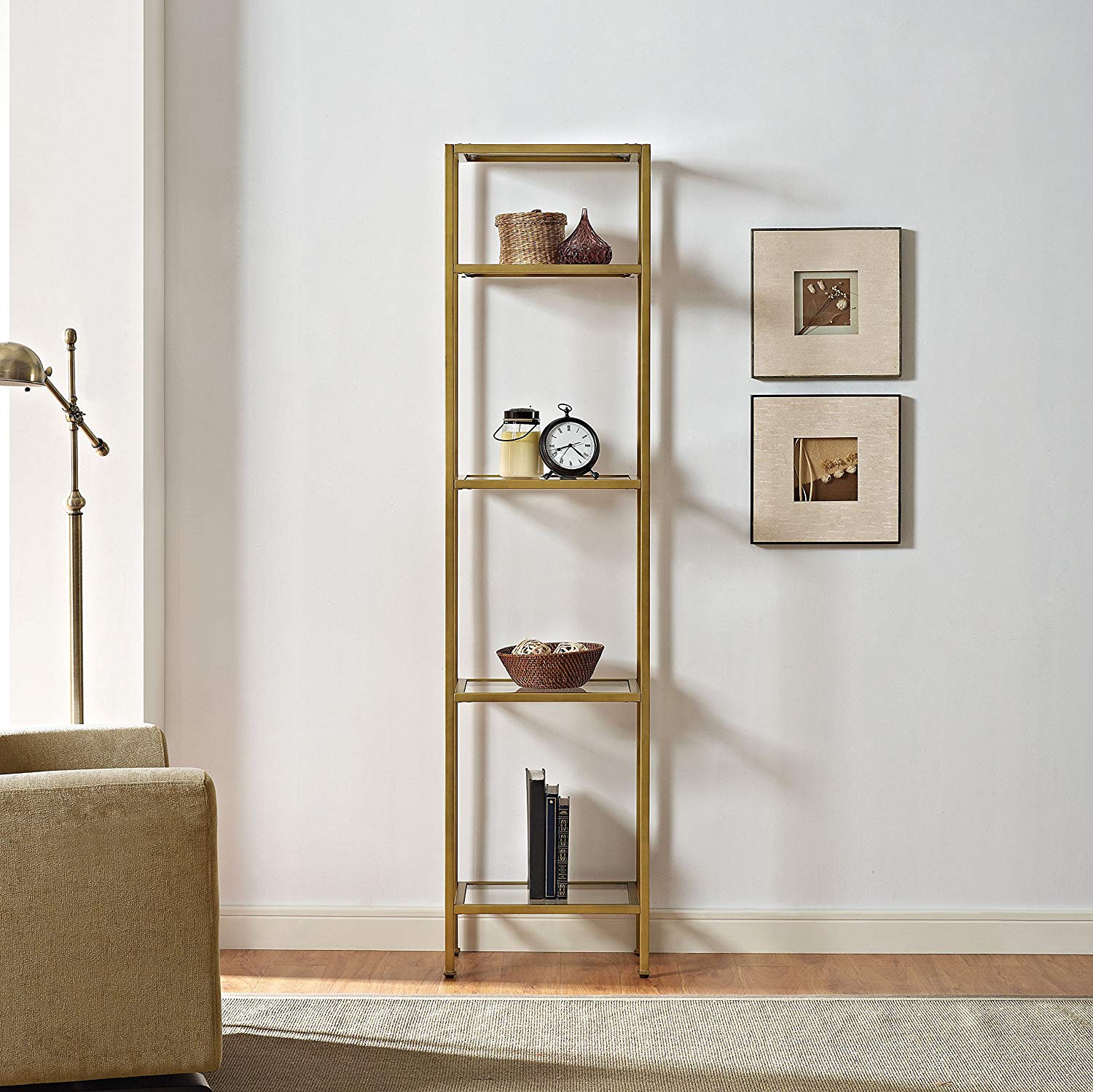 Crosley Furniture 12″W x 18″D x 73″H 4-Shelf Freestanding Shelves. Gold