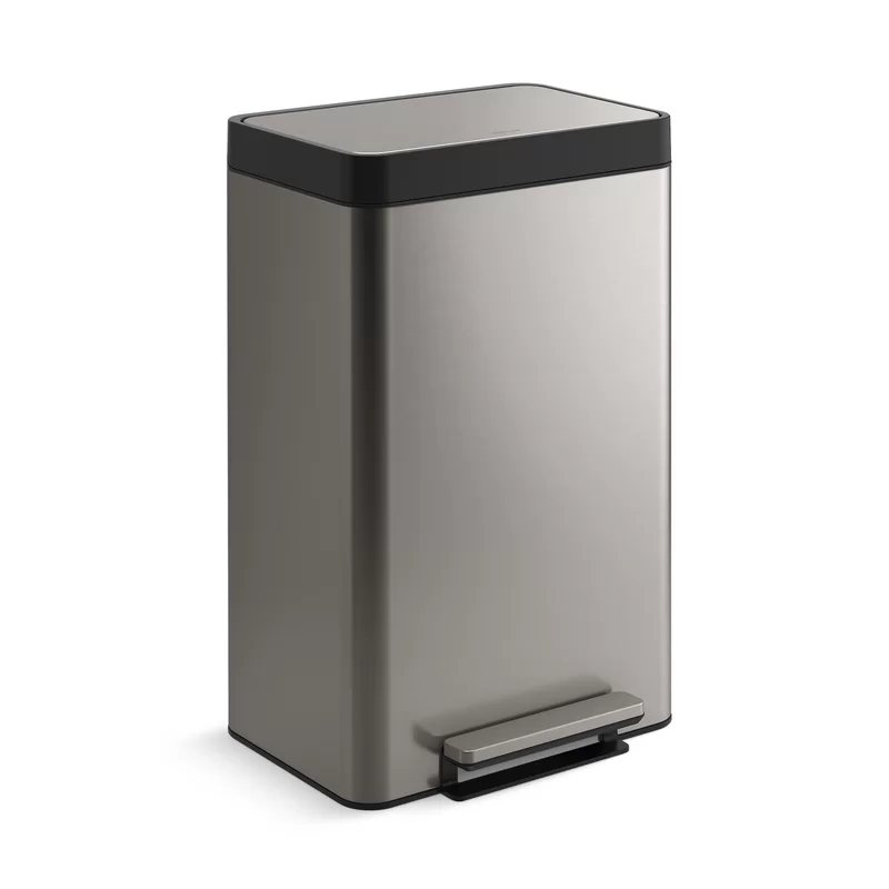 Kohler 20956-ST 11 Gallon Hands-Free Dual Compartment Recycling Kitchen Step. Trash Can with Foot Pedal. Quiet-Close Lid. Stainless Steel