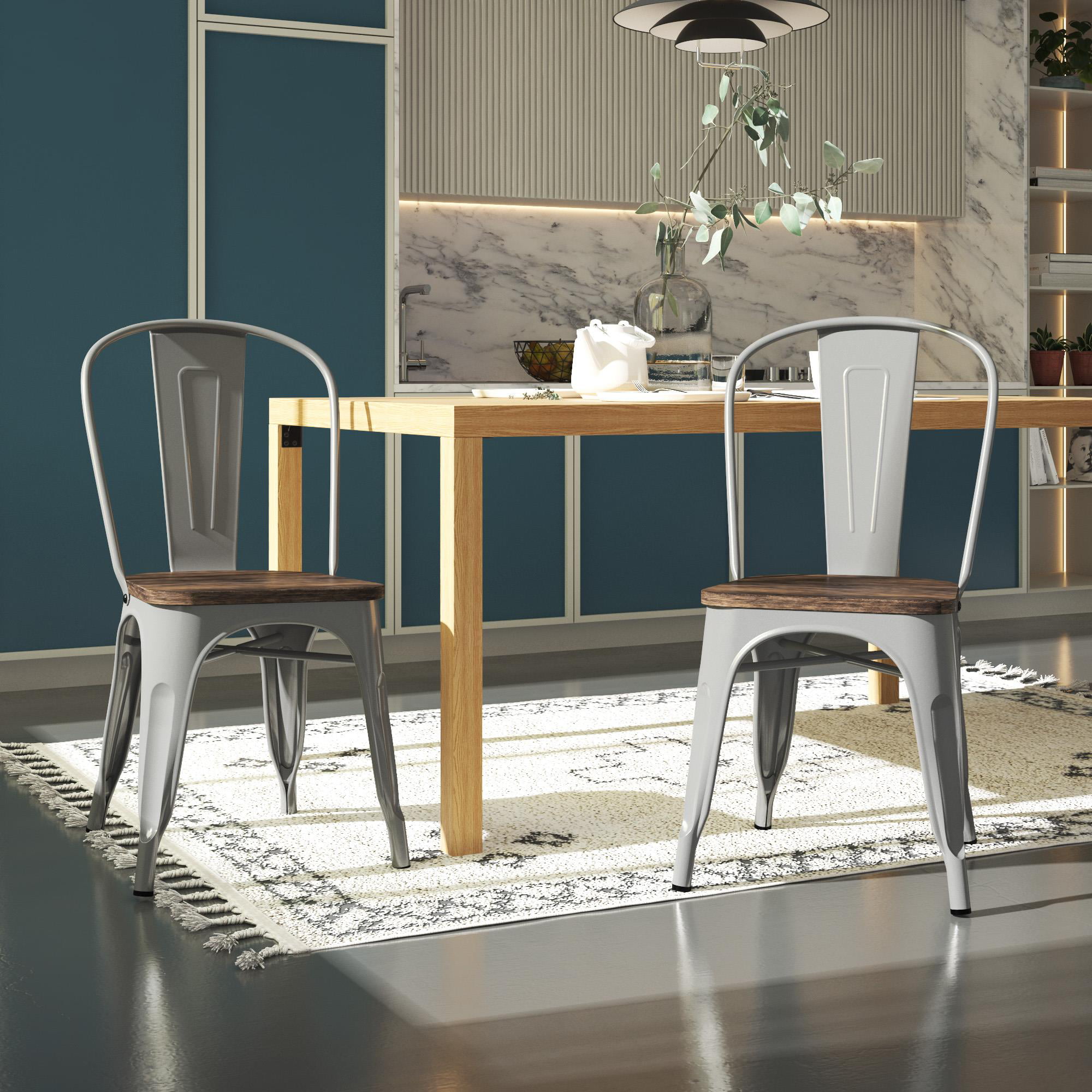 BHG Aidan Stackable Metal Dining Chair with Wood Seat. Silver. Set of 2