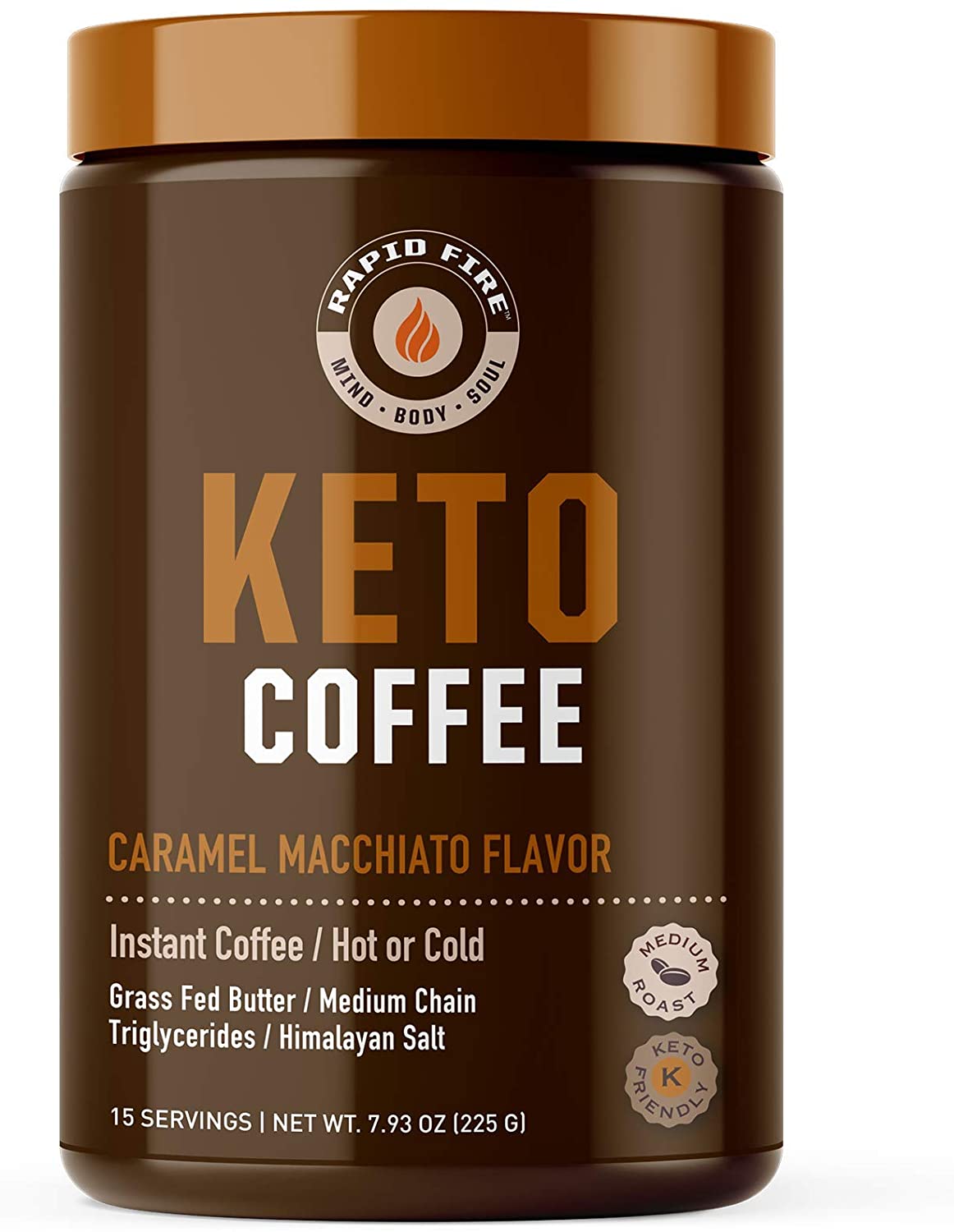 Rapid fire Ketogenic Fair Trade Instant Keto Coffee Mix. Supports Energy. Metabolism. and Weight Loss. Grass Fed Butter. MCTs & Himalayan Salt. 15 servings. Caramel Macchiato Flavor. 7.93 Ounce