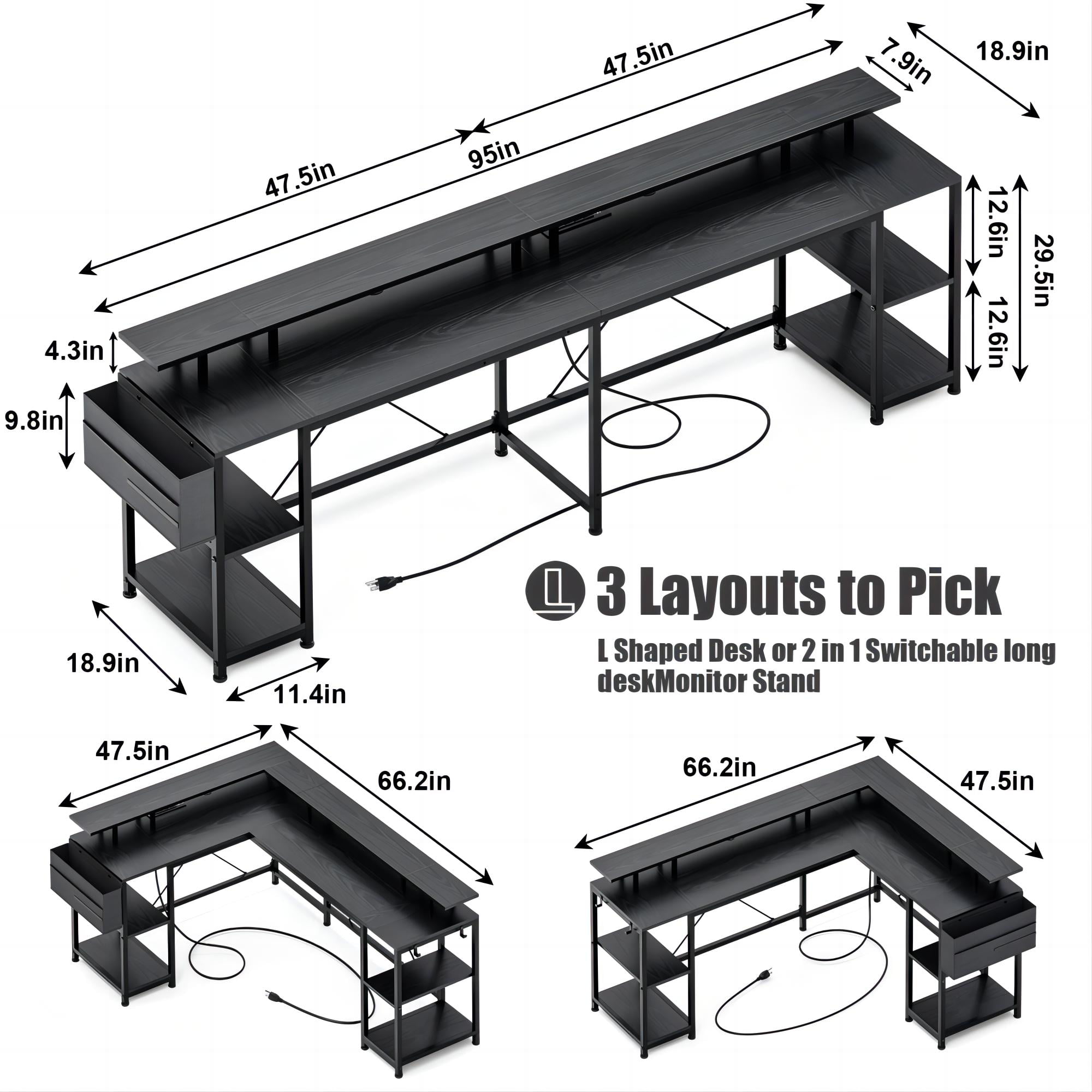 Lulive L Shaped Desk with LED Light and Power Outlet. 95″ Reversible Corner Computer Desk with Monitor Stand and Storage Shelf. Modern L- Shaped Gaming Desk. Black