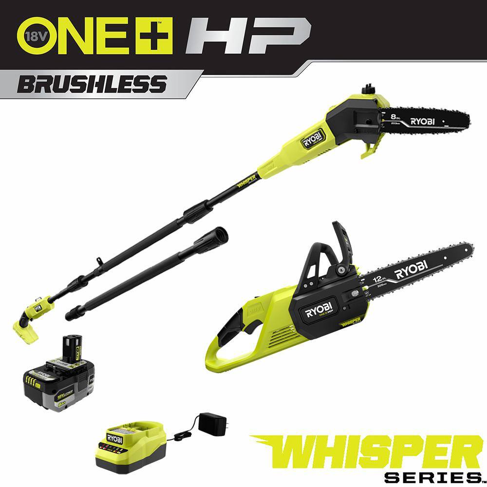 RYOBI P2570-PS ONE+ HP 18V Brushless Whisper Series Battery  12 in. Chainsaw and 8 in. Pole Saw with 6.0 Ah Battery and Charger