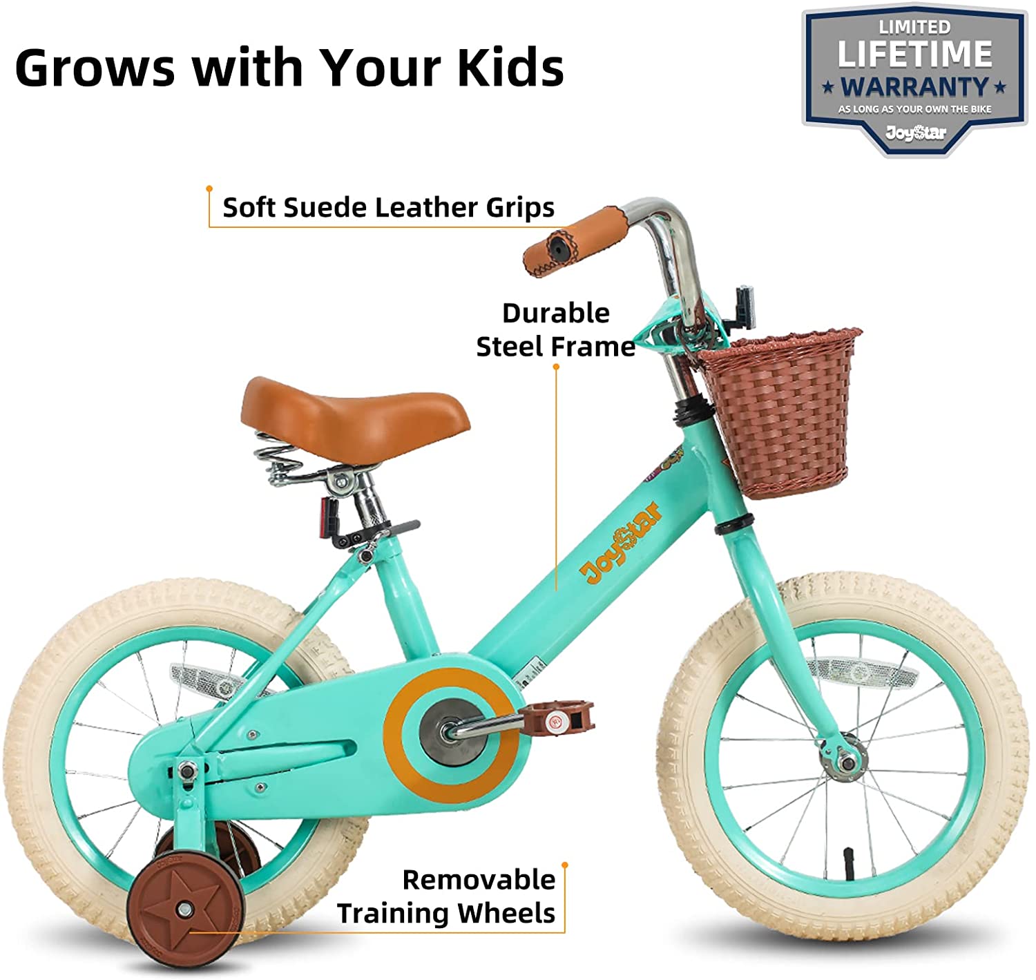 JOYSTAR Vintage 12 Inch Kids Bike with Basket & Training Wheels for 2-7 Years Old Girls & Boys (Green. Beige & Pink)