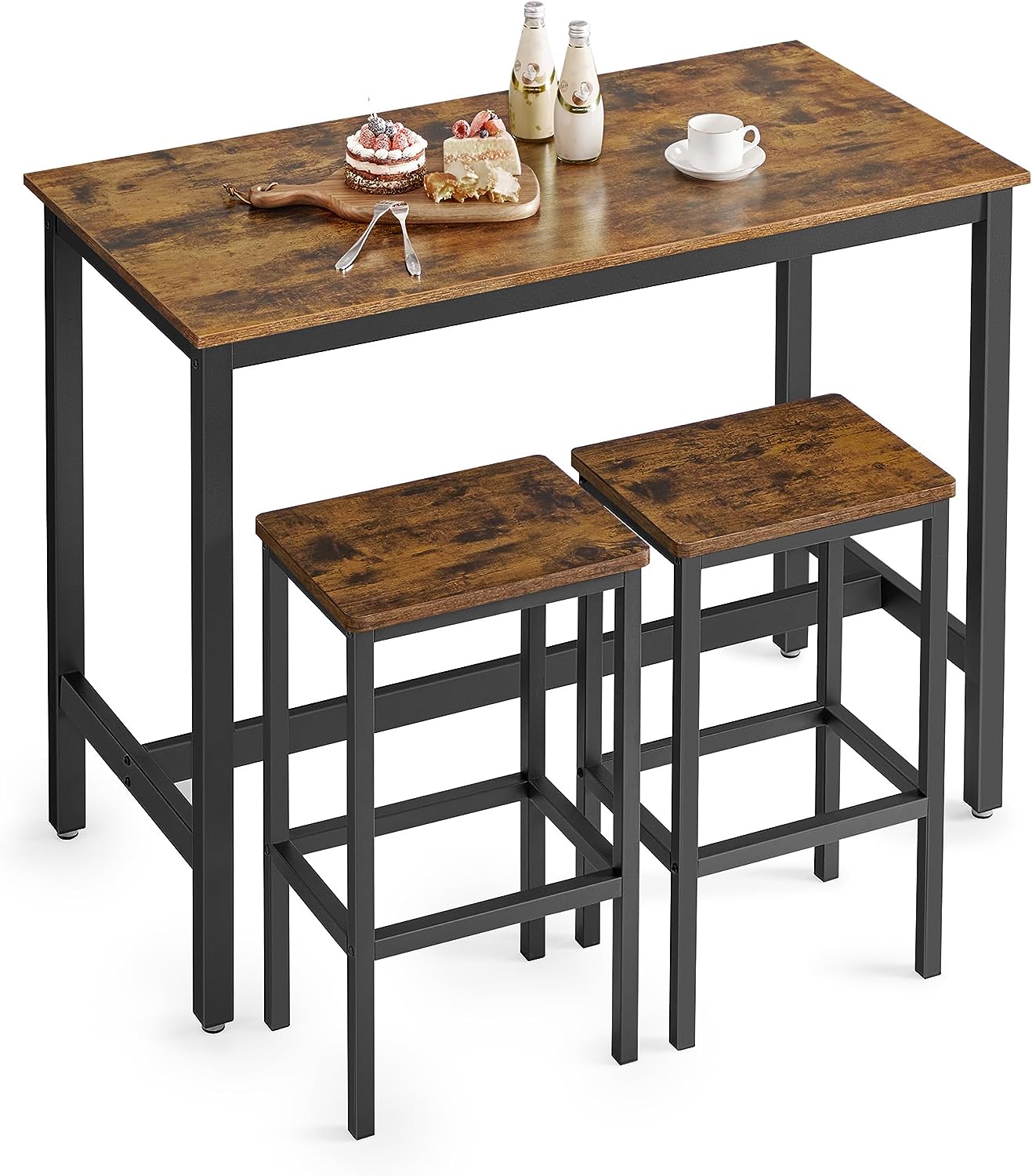 VASAGLE Bar Table Set. with 2 Bar Stools. Dining table set. Kitchen Counter with Bar Chairs. Industrial. Living Room. Party Room. Rustic Brown and Black ULBT15X