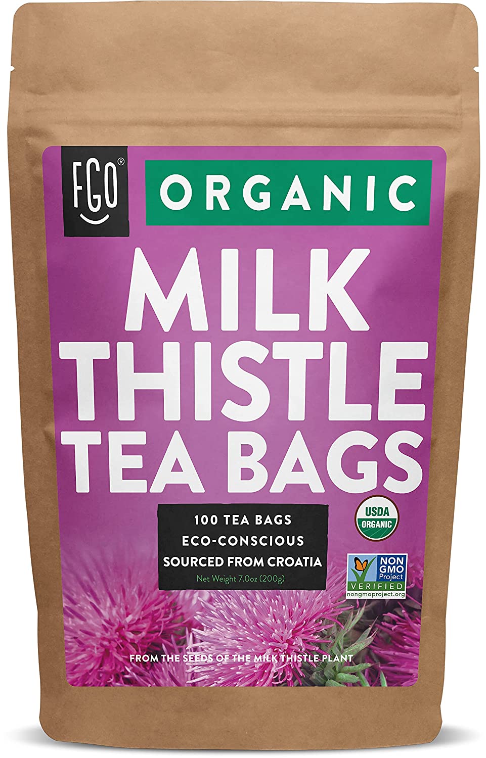 FGO Organic Milk Thistle Tea Bags 100 Tea Bags Eco-Conscious Tea Bags in Kraft Bag