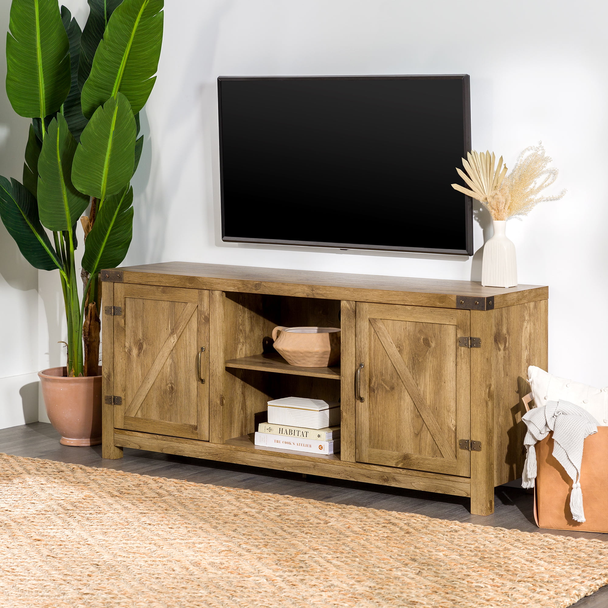 Woven Paths Modern Farmhouse Barn Door TV Stand for TVs up to 65″. Barnwood