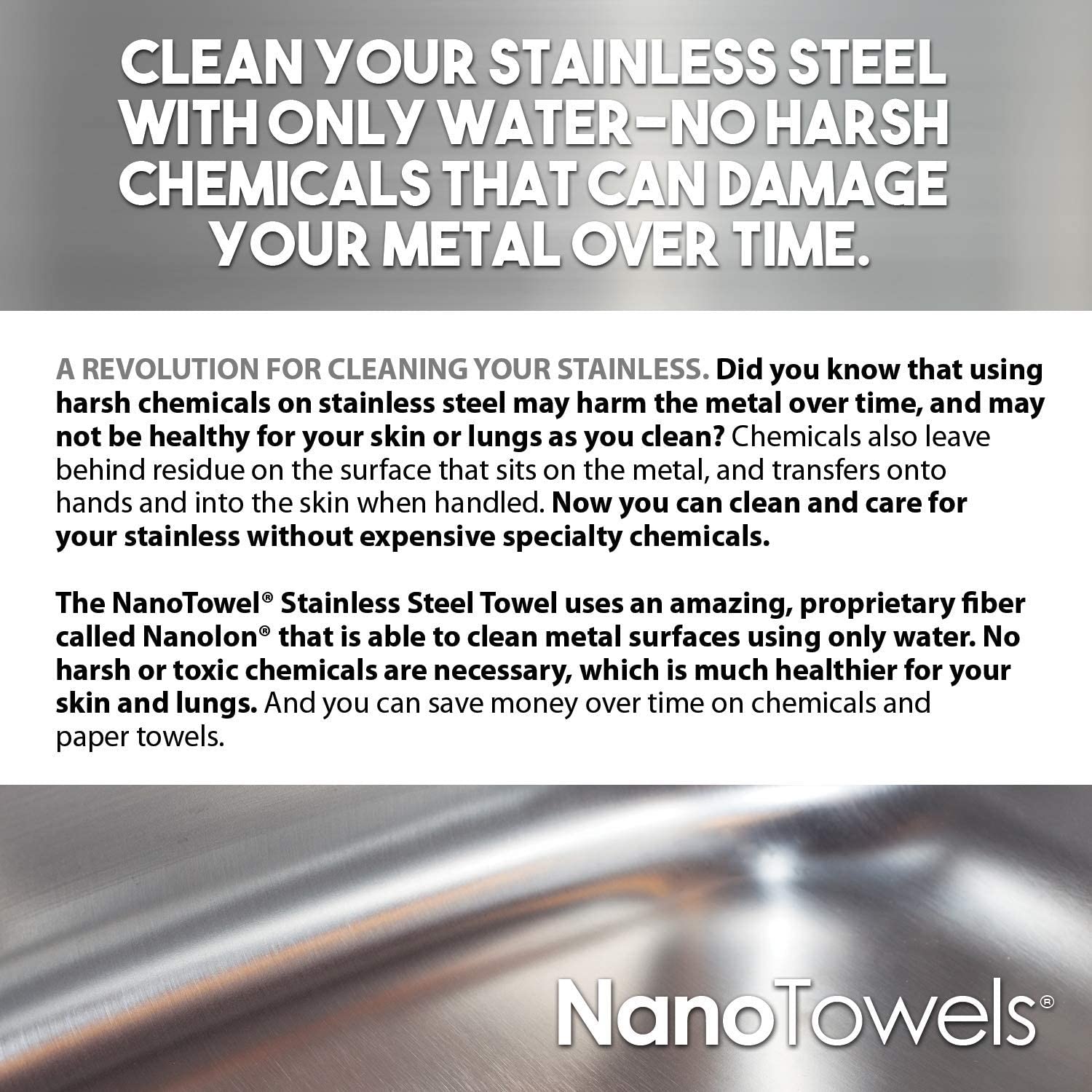 Nano Towels Stainless Steel Cleaner. The Amazing Chemical Free 7×16″ (1 pc)