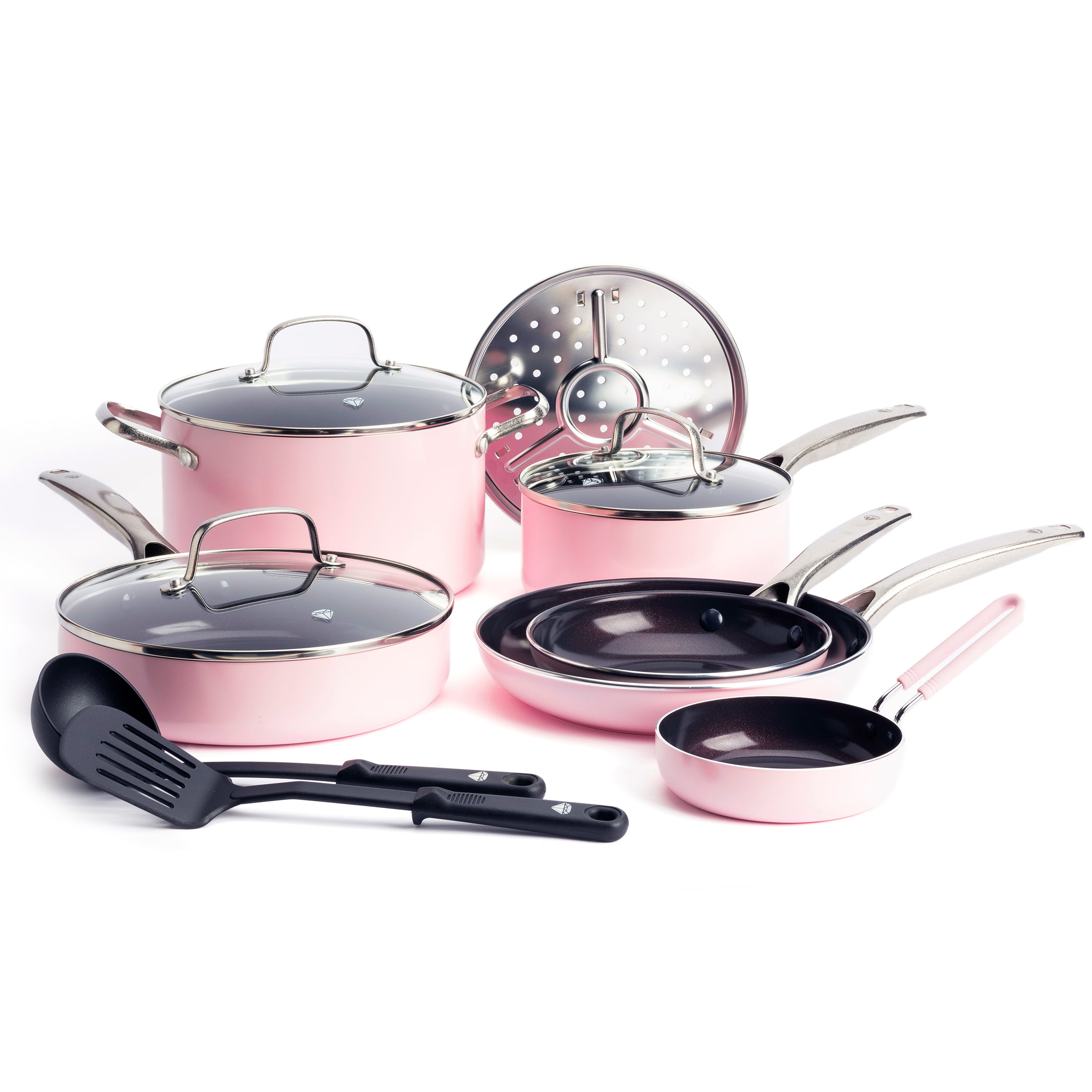 Blue Diamond Toxin-Free Ceramic and Dishwasher Safe 12-Piece Pots and Pans Cookware Set. Pink