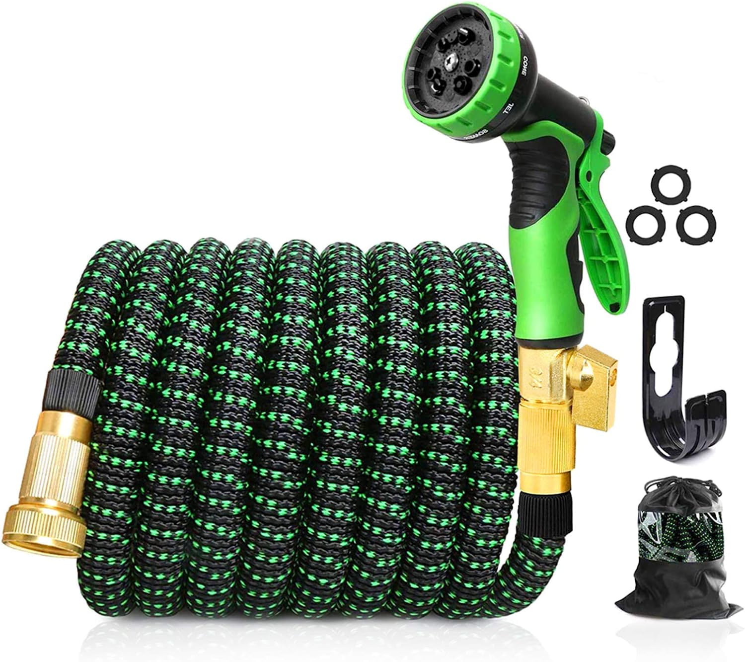 CozyBox 50ft Water Hose - Upgraded Leakproof Lightweight No-Kink Garden Hose. Flexible Expanding Water Hose with Triple Layered Latex Core. Bag and Holder. Green / Black