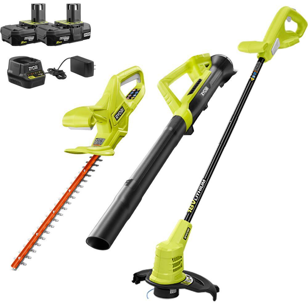 RYOBI P20131 ONE+ 18V Cordless Battery String Trimmer/Edger. Hedge Trimmer. Blower (3-Tool) w/ (2) 2.0 Ah Batteries and Charger