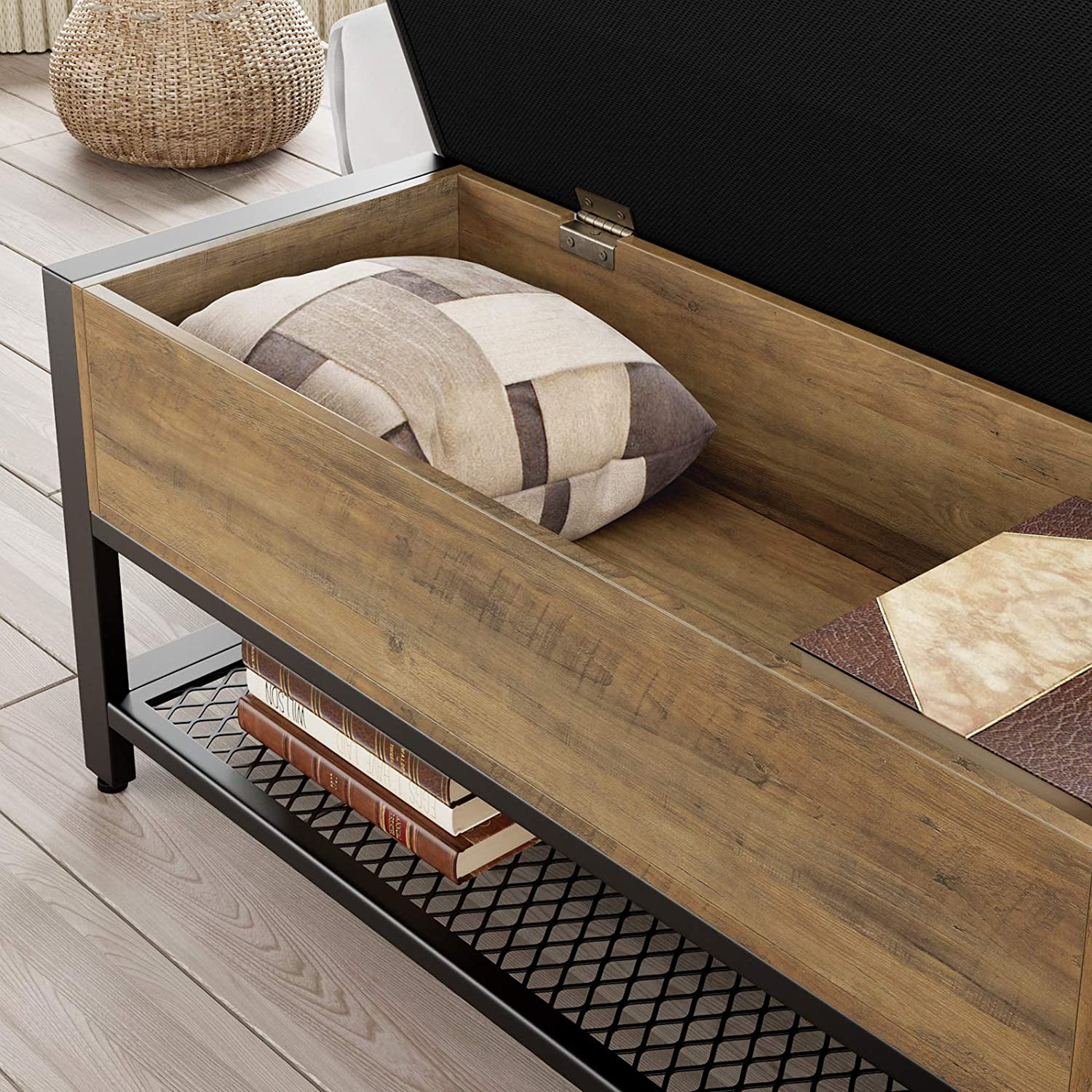 Homfa Storage Bench with Storage. Long Shoe Bench with Flip Top and Leather Padded Seat and Bottom Steel Shelf for Hallway. Living Room. Bedroom. Rustic Brown and Black